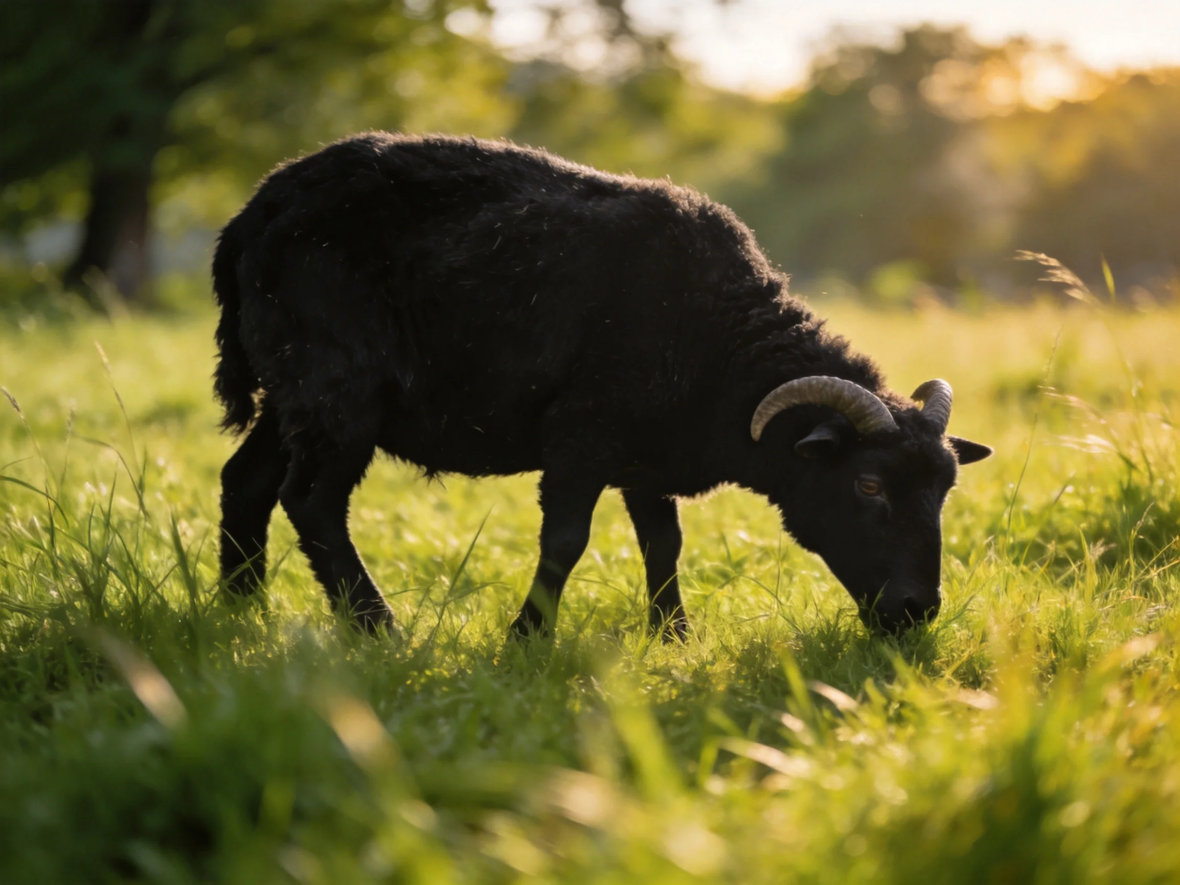 A black horned sheep grazing in a sunlit green meadow