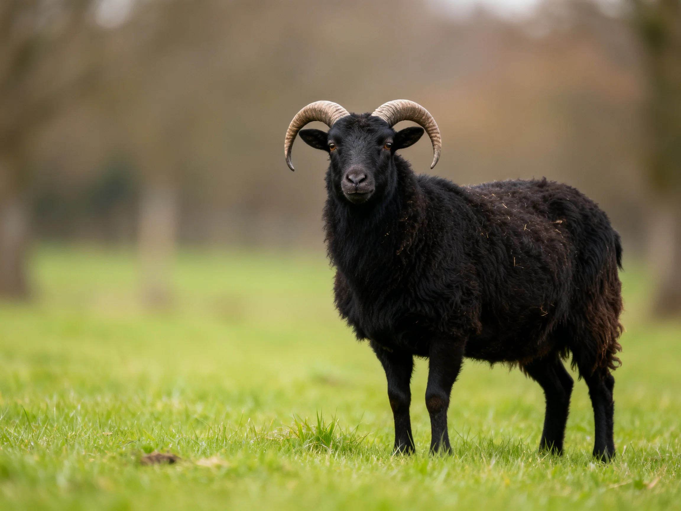 A black horned sheep in a lush green meadow