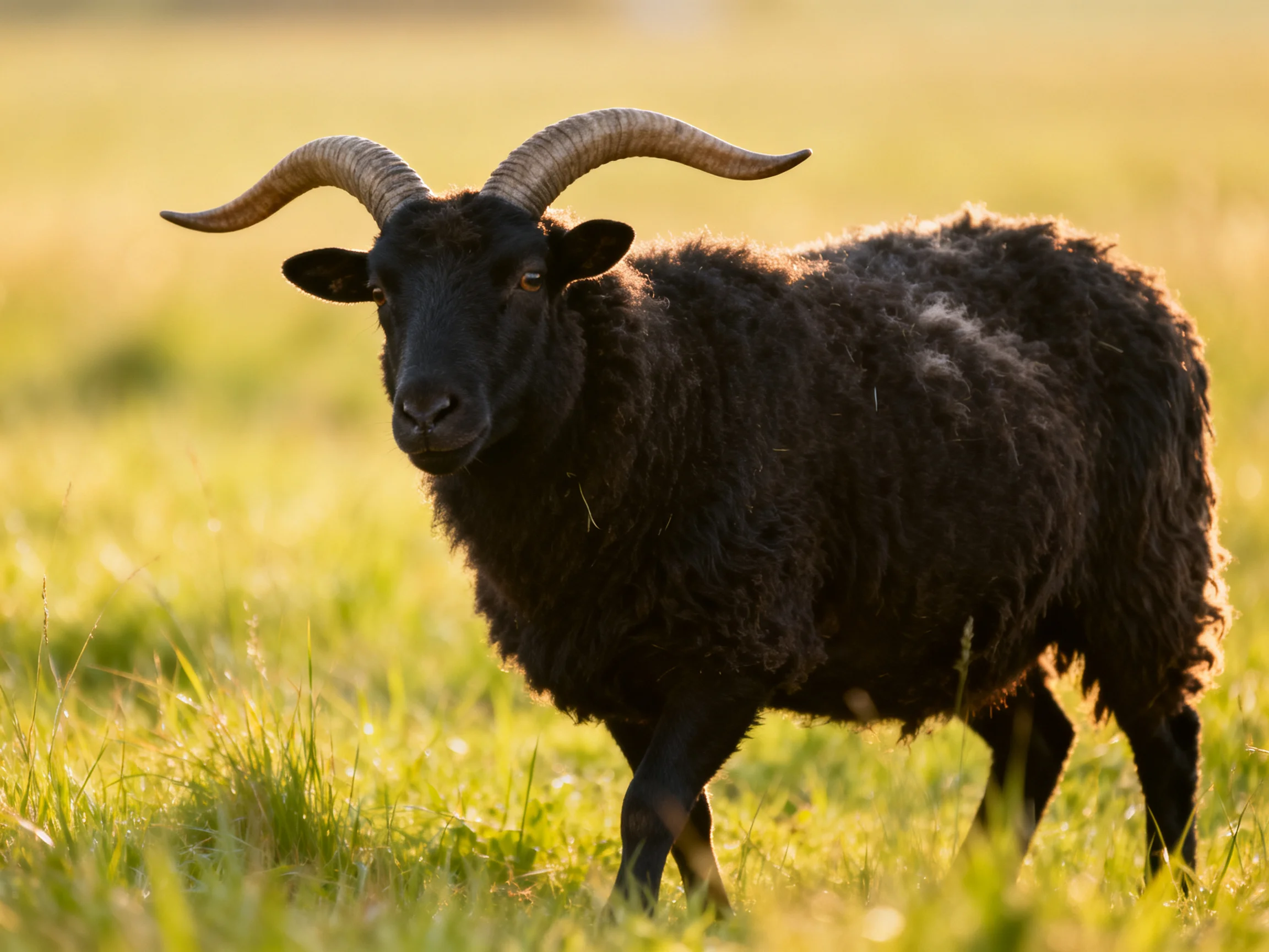 A black horned sheep in a sunlit grassy field
