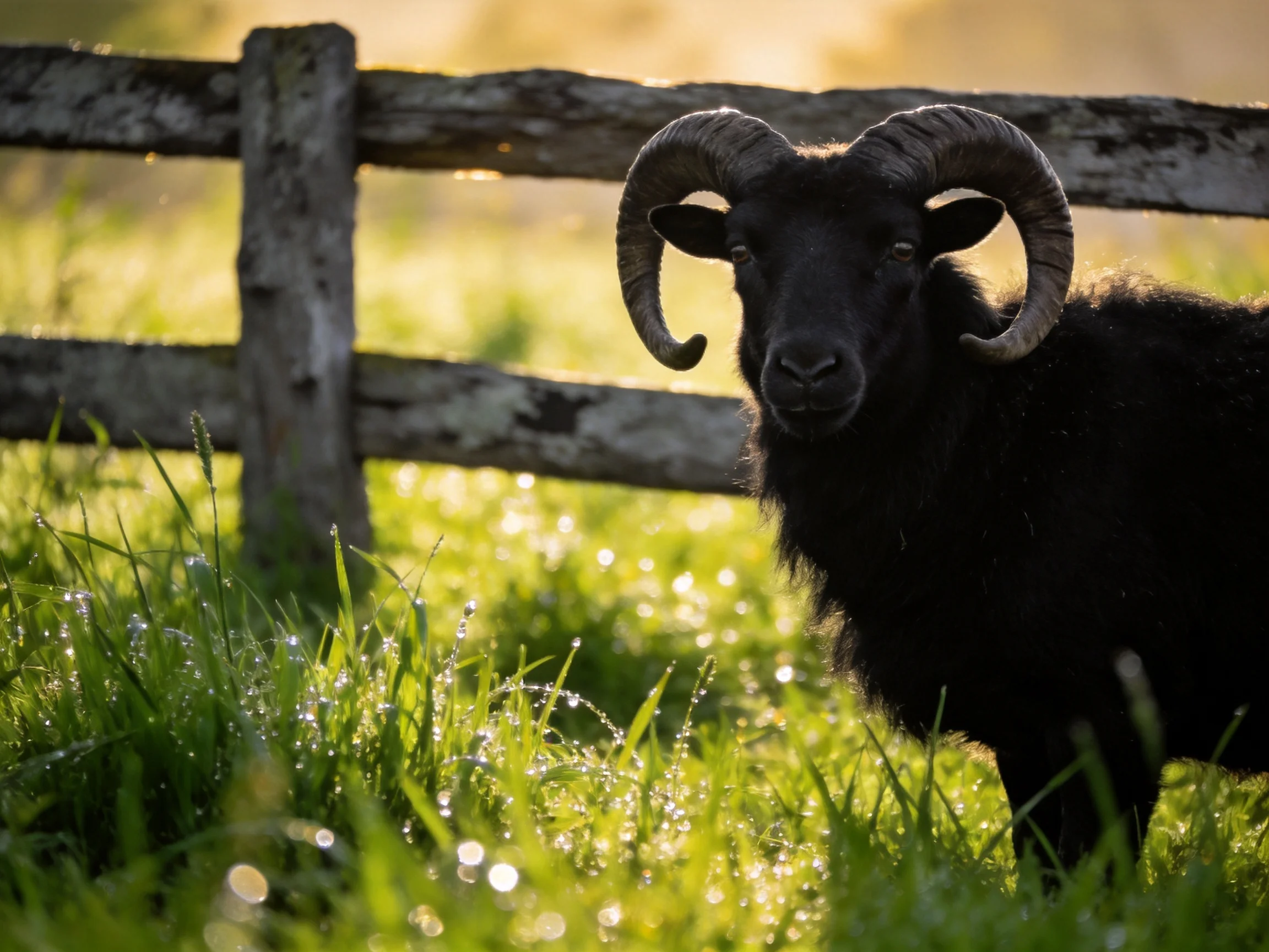 A black horned sheep near a weathered wooden fence in dewy grass