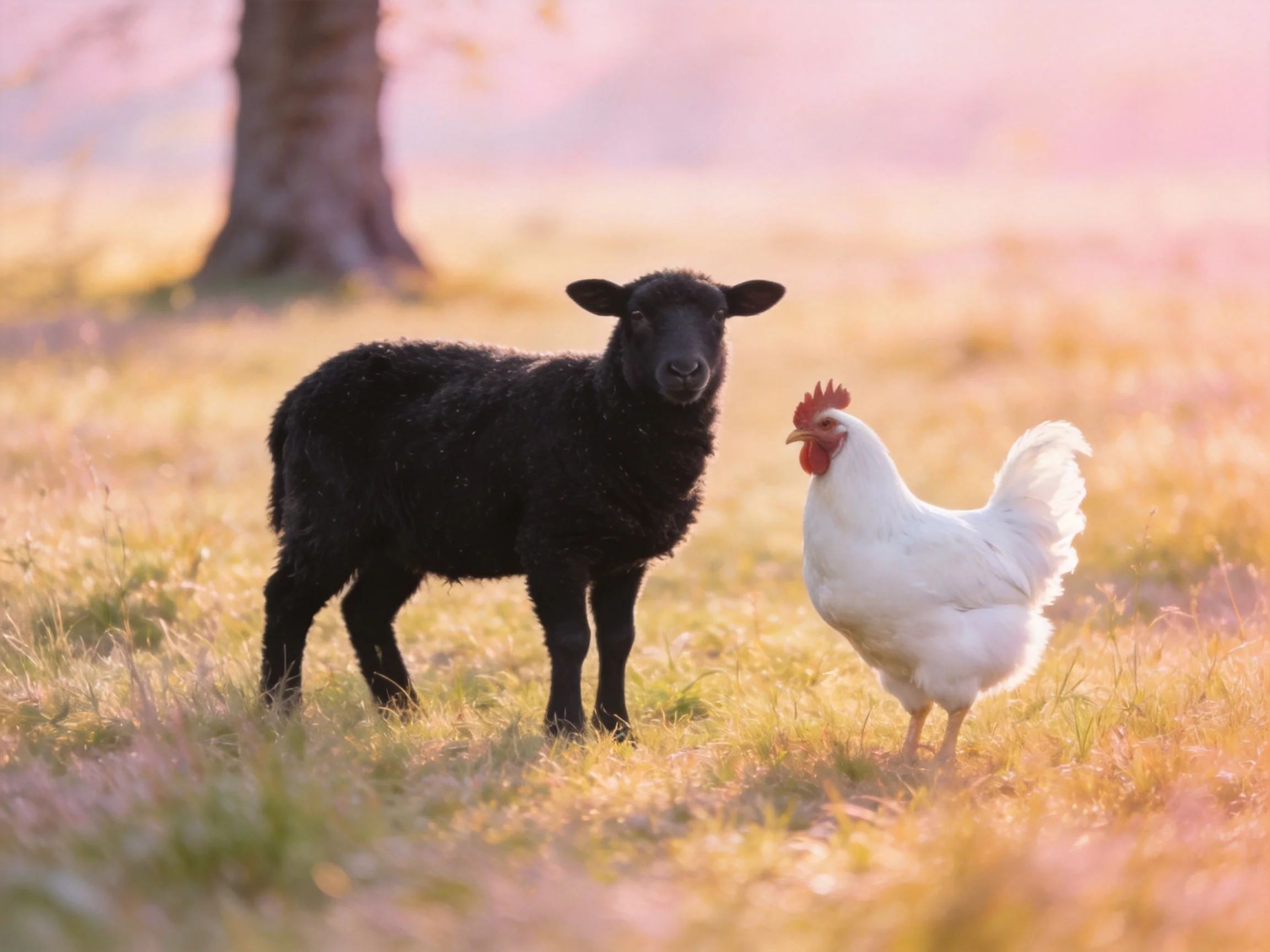 A black lamb and white chicken in a sunlit grassy field