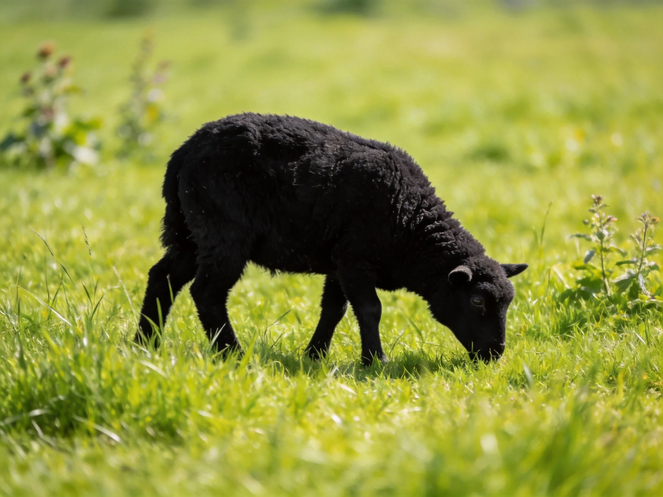 A black lamb grazing in a lush green meadow