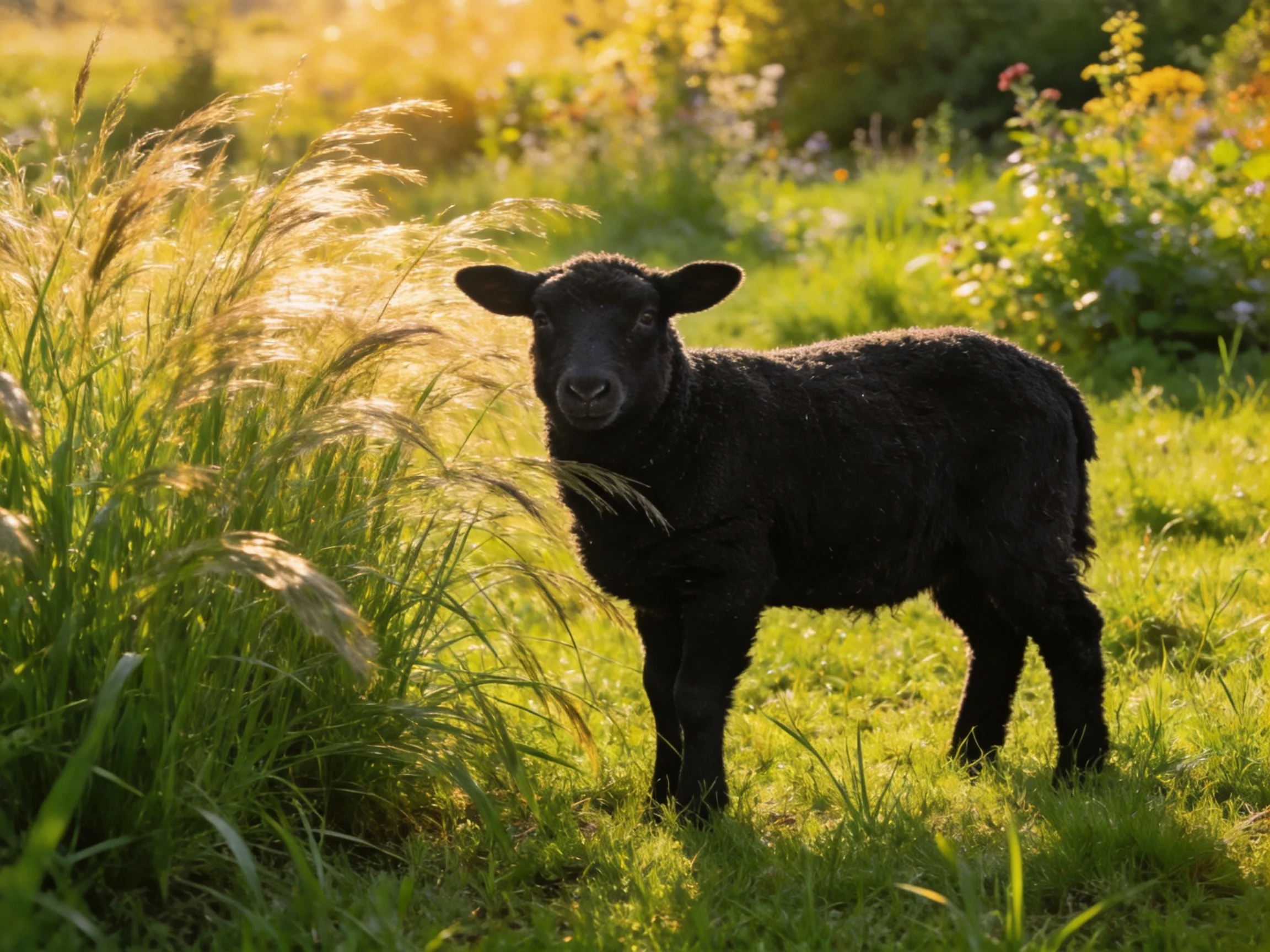 A black lamb in a sunlit meadow with tall golden grasses