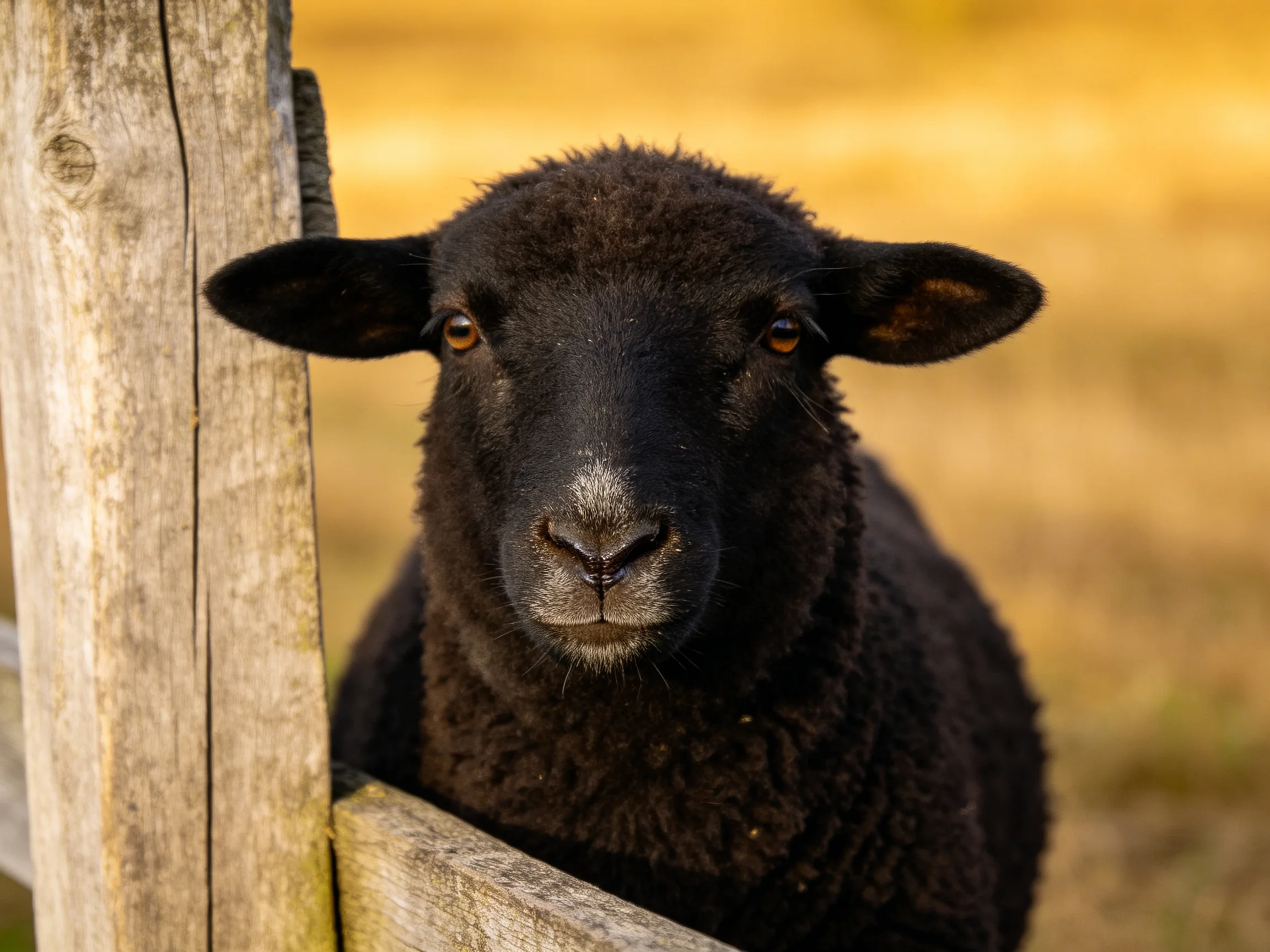 A black lamb peers from an aged wooden fence