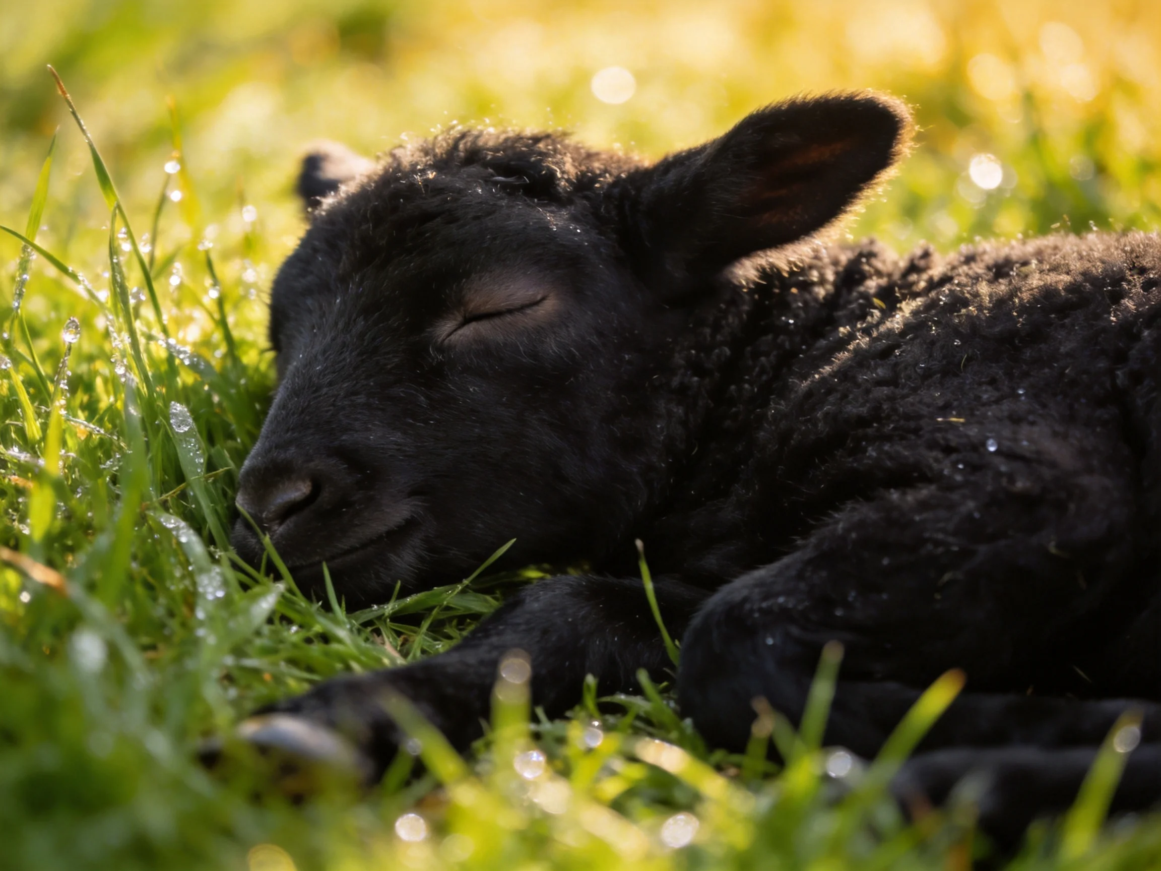 A black lamb resting in dewy green grass under warm sunlight