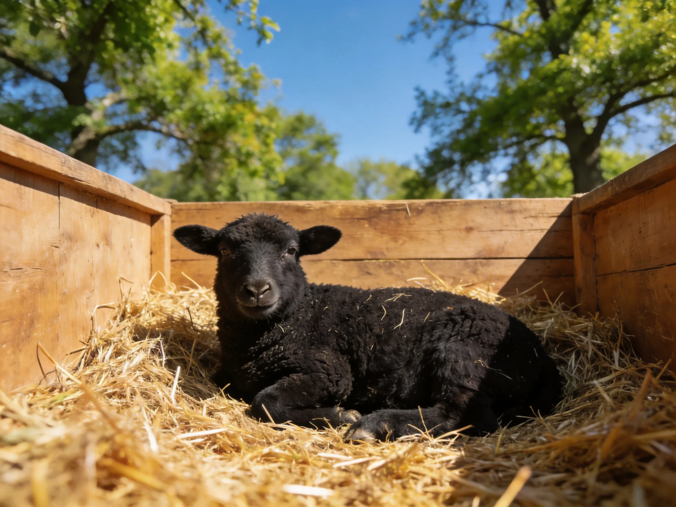 A black lamb rests in a wooden crate with straw outdoors