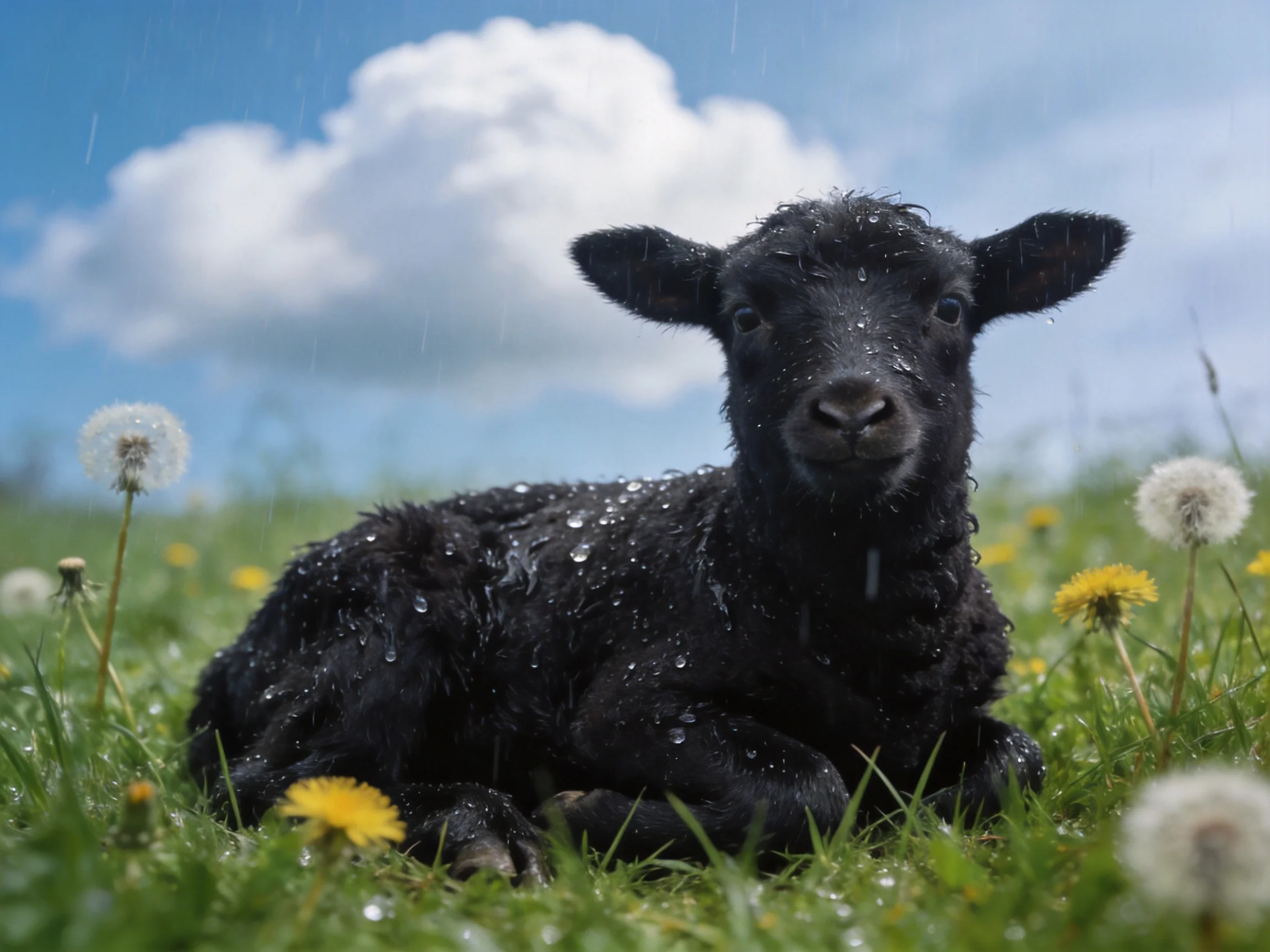 A black lamb rests in dewy grass amid dandelionsunder a bright sky