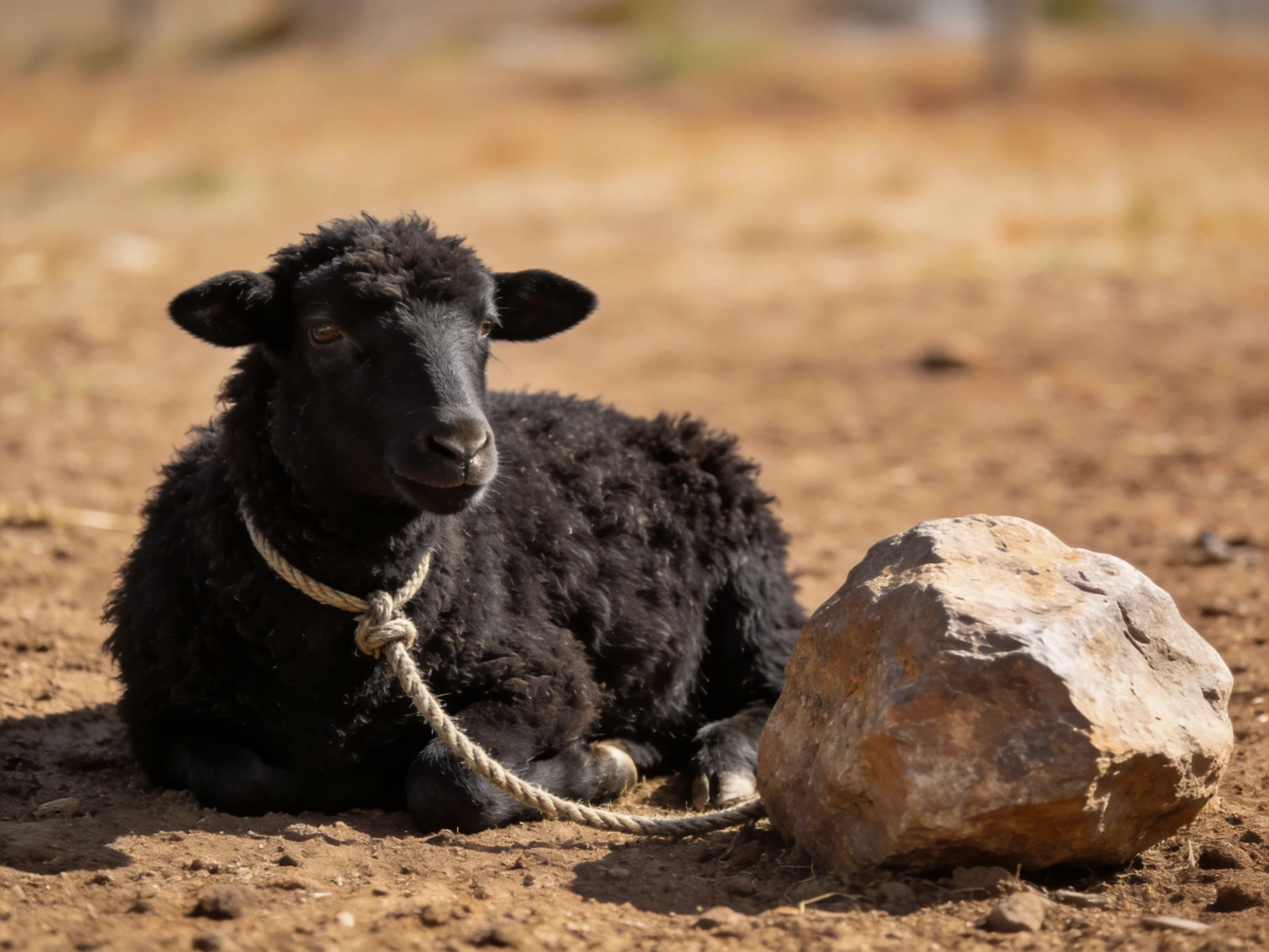 A black lamb rests near a large rock on dusty ground