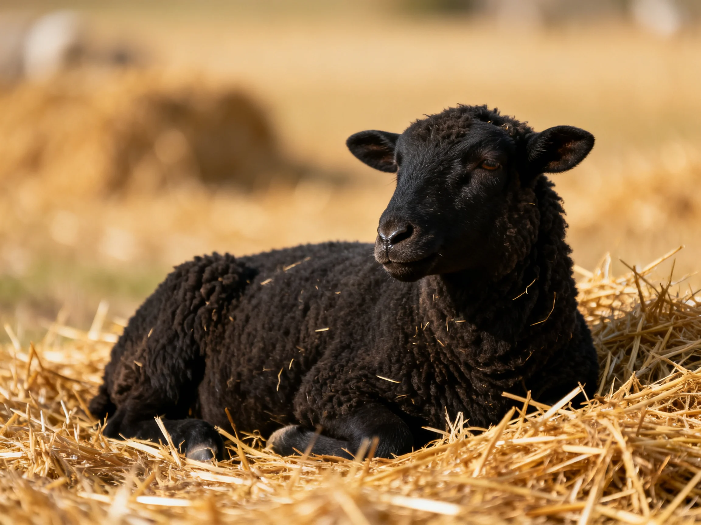 A black lamb rests on golden straw bales in a sunlit field