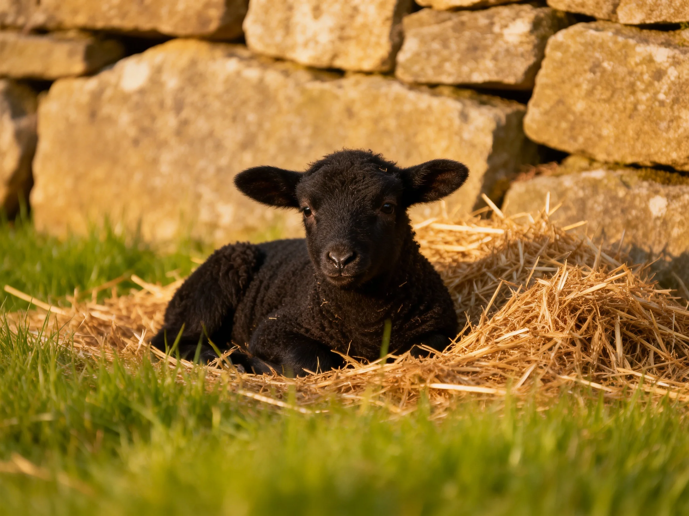 A black lamb rests on golden straw near a weathered stone wall