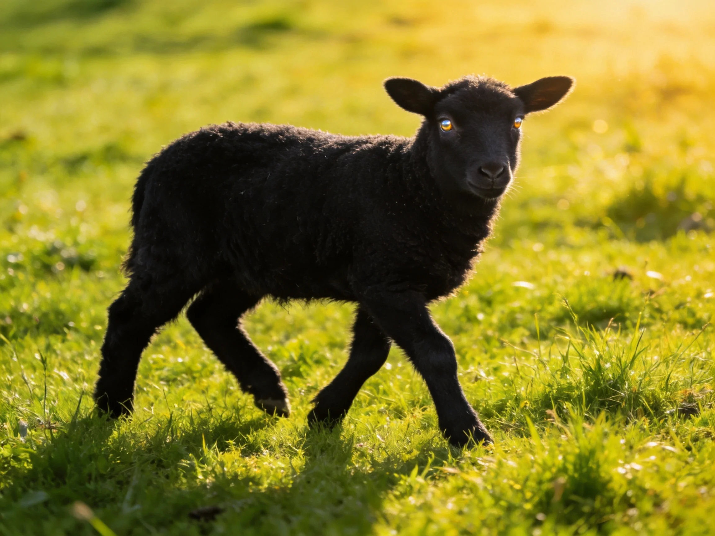 A black lamb roams a sunlit green meadow