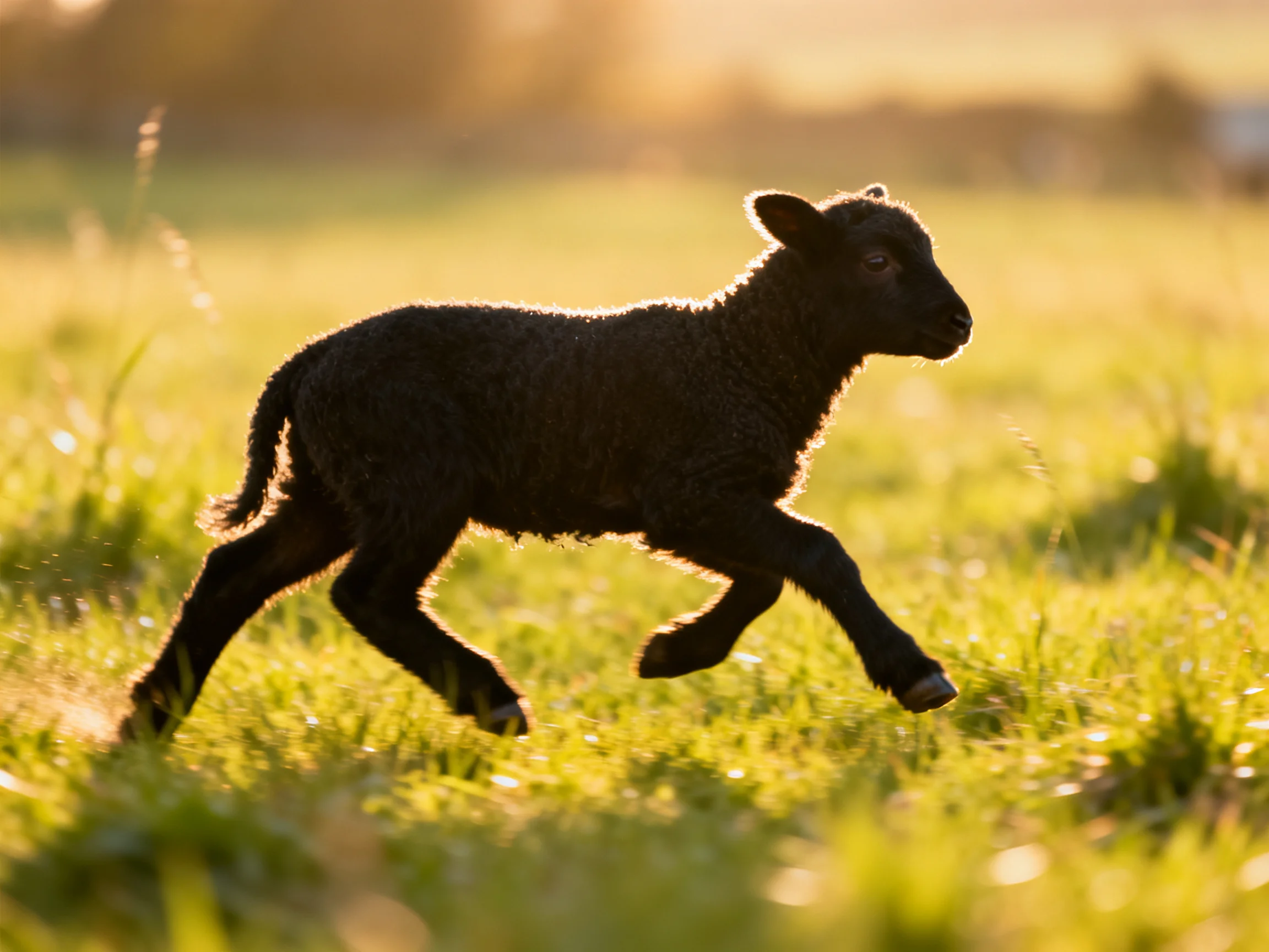 A black lamb runs through sunlit green meadow