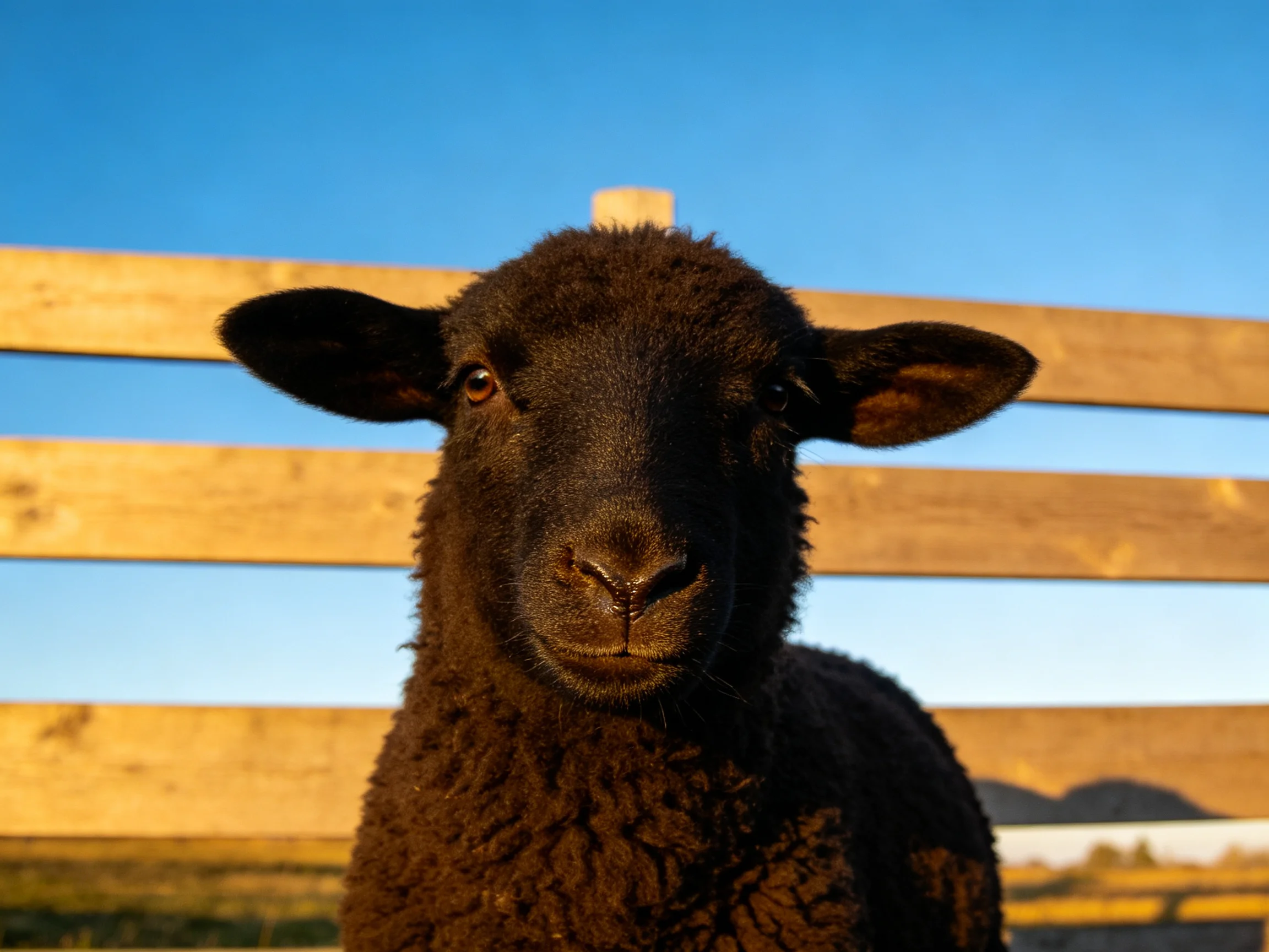 A black lamb stands before a wooden fence under a clear blue sky
