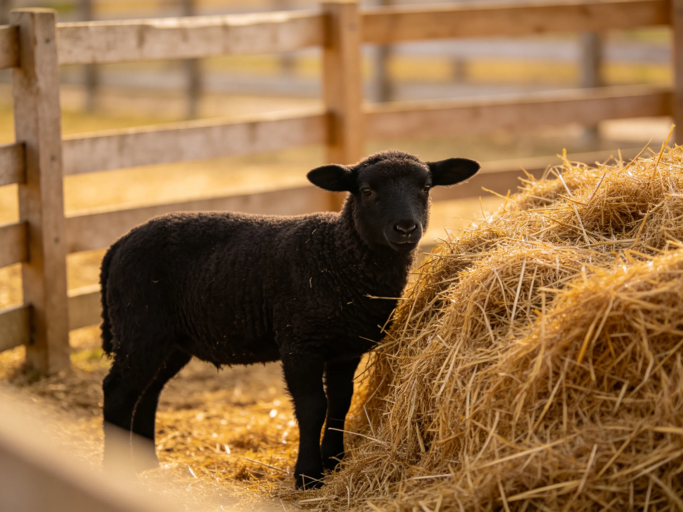 A black lamb stands beside a large hay bale near wooden fences