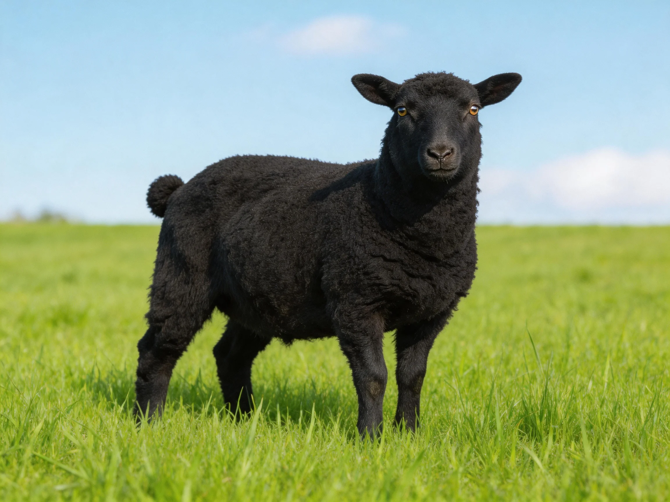 A black lamb stands alone in a bright green meadow with a blue sky backdrop.