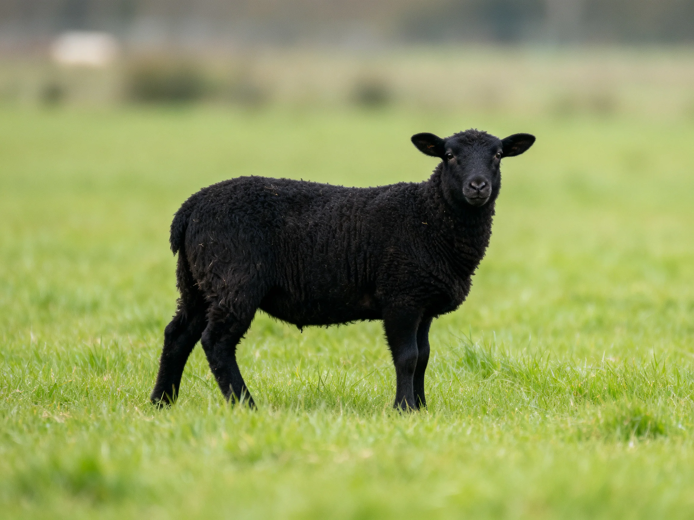 A black lamb stands alertly in an open green pasture.
