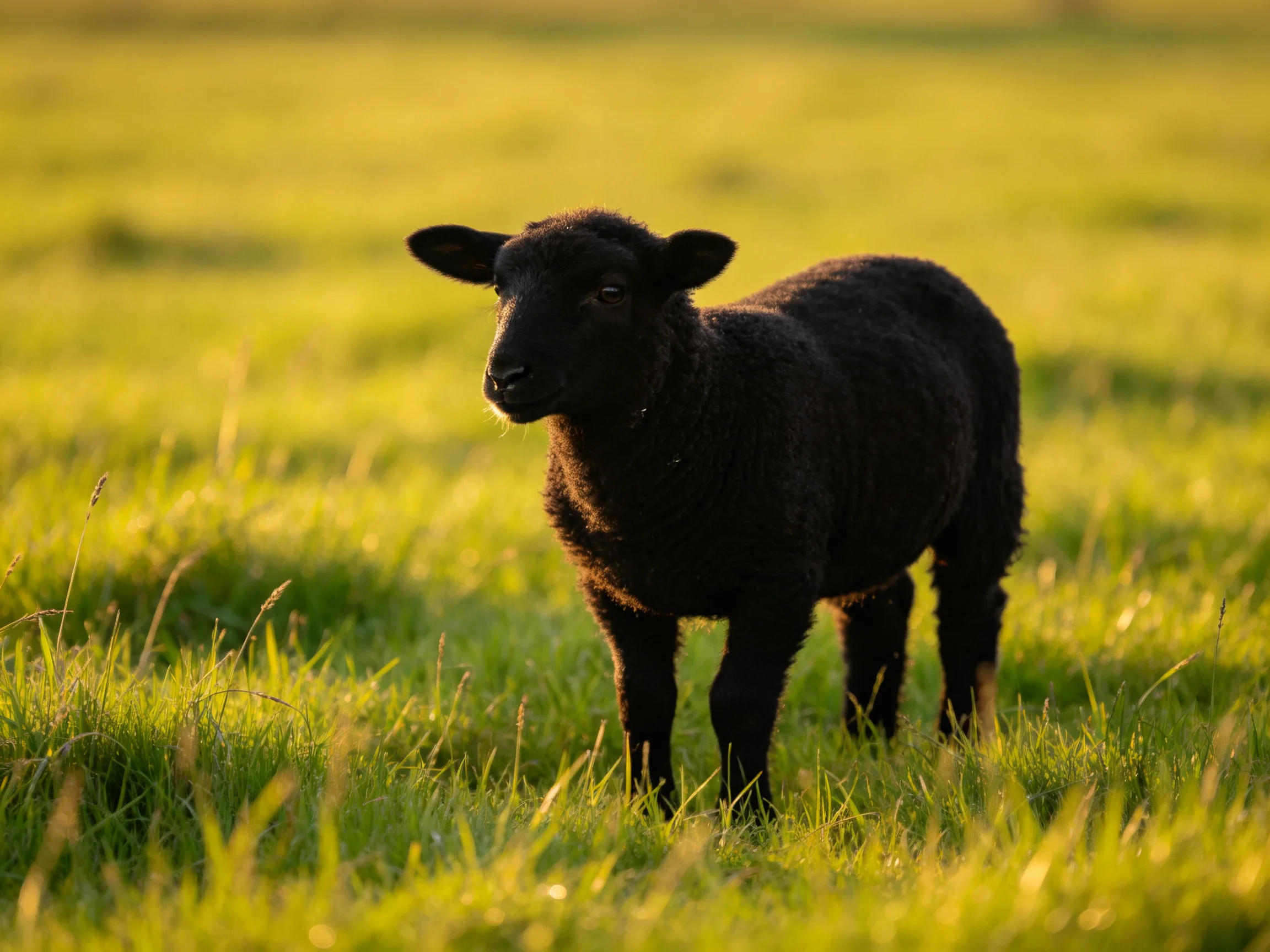 A black lamb stands in a sun-drenched green pasture