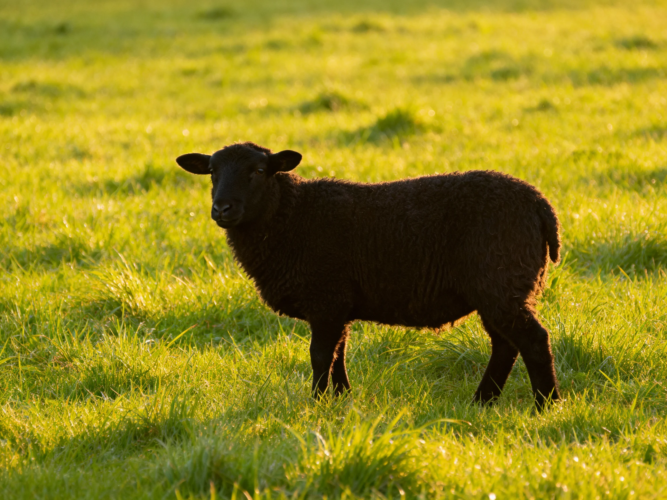 A black lamb stands alone in a sunlit green pasture.