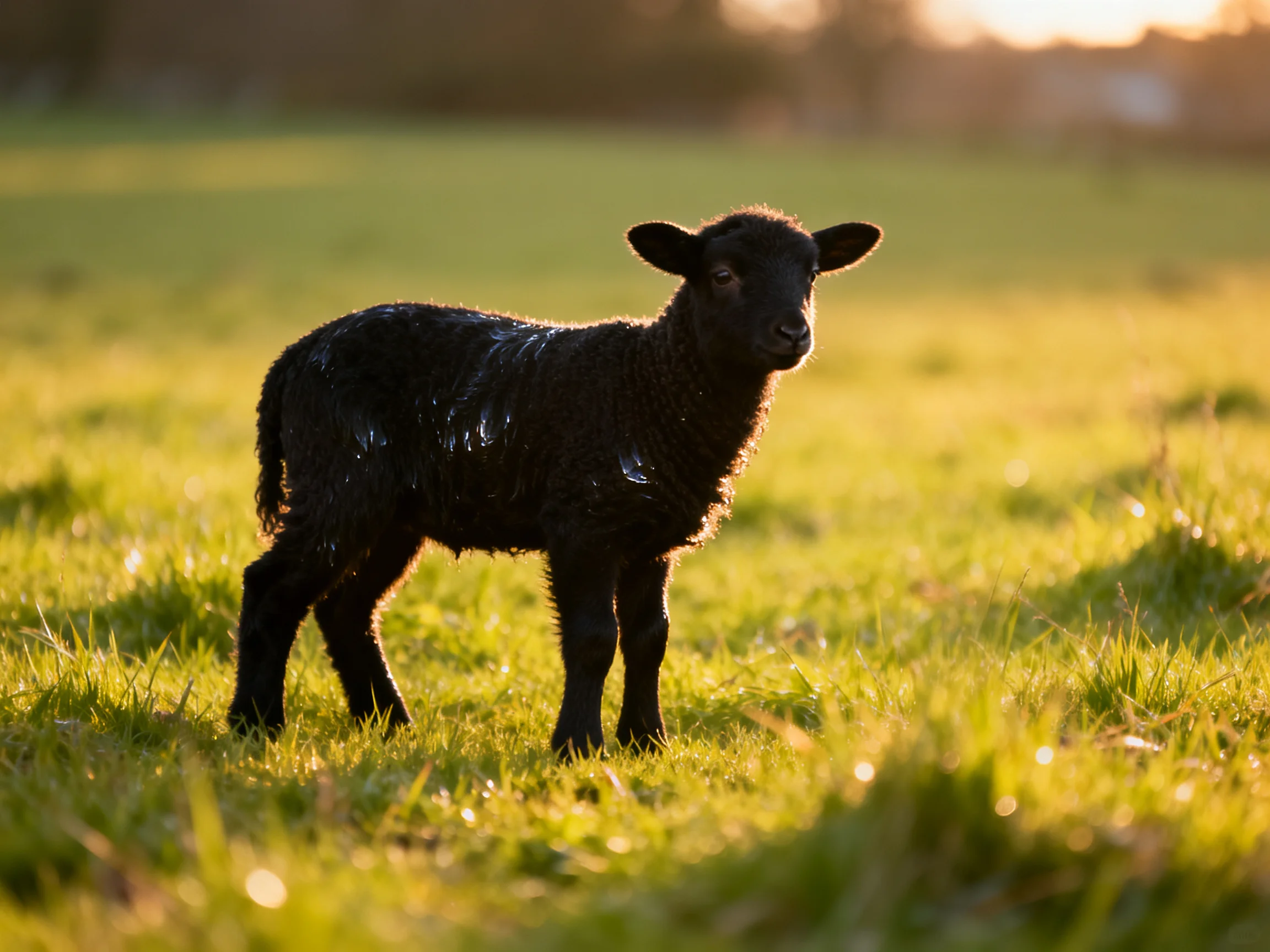 A black lamb stands in a sunlit green pasture