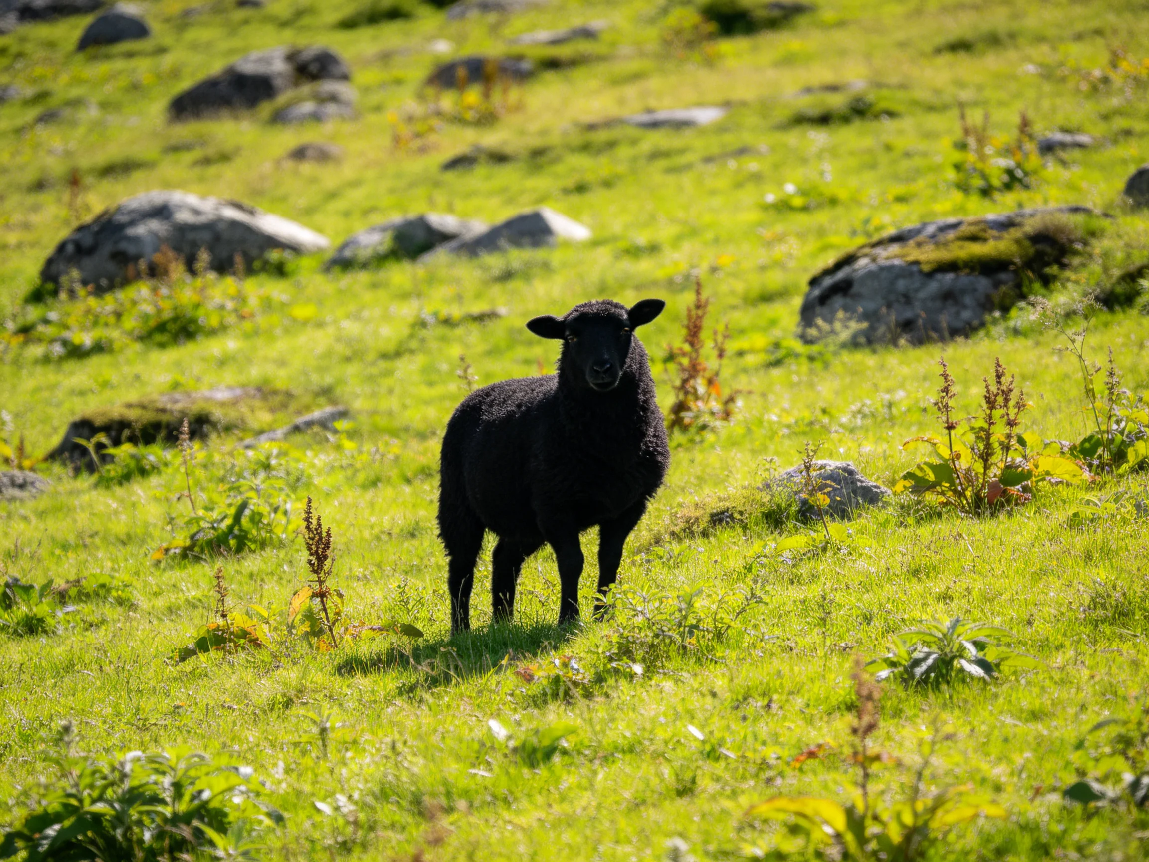 A black lamb stands in a verdant meadow with scattered rocks