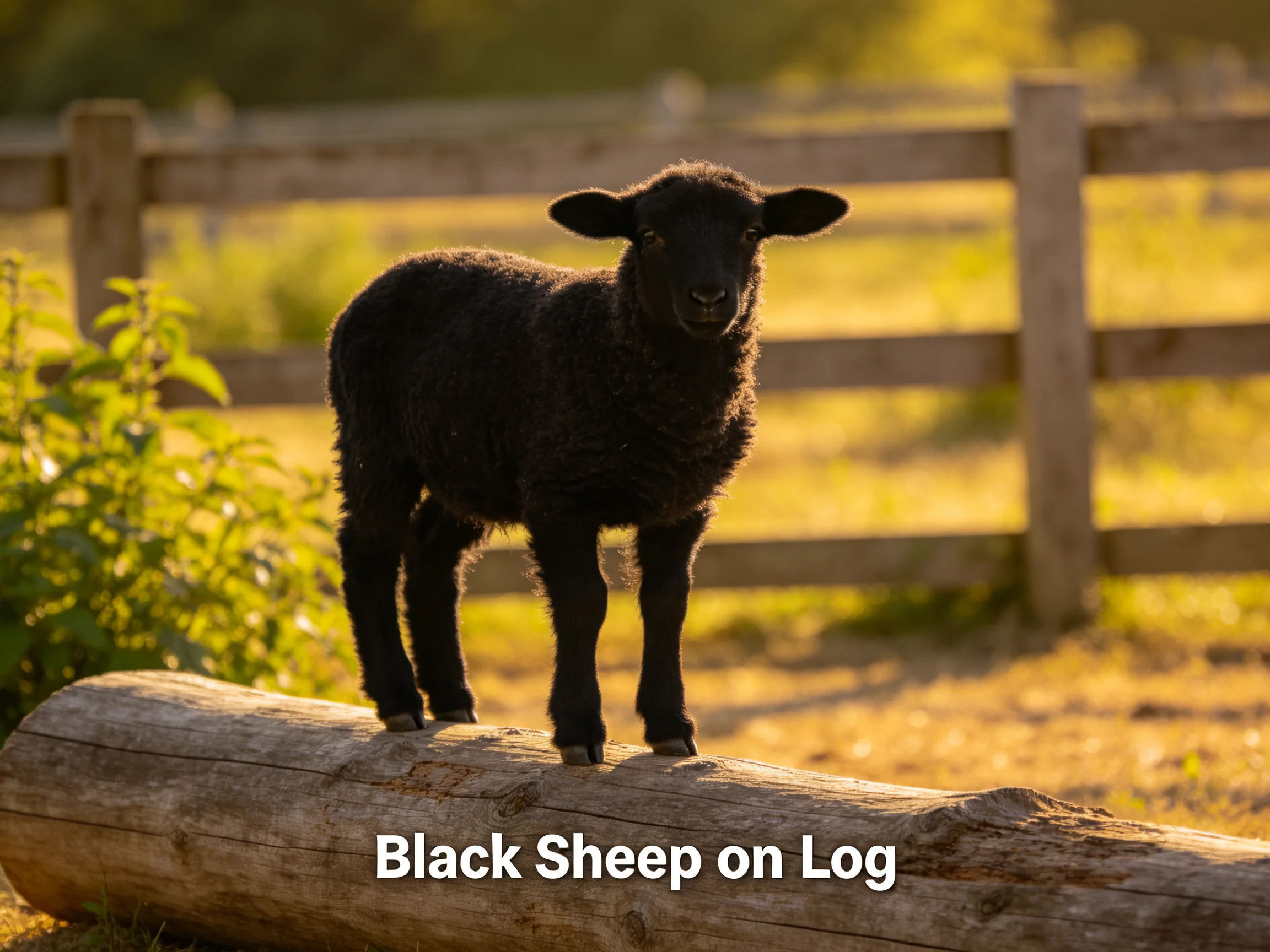 A black lamb stands on a substantial wooden log near a fenced pasture