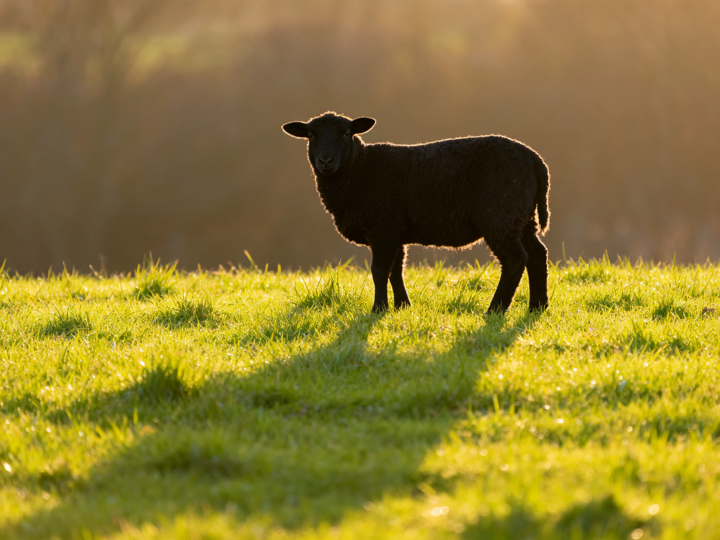 A black lamb stands on a sunlit green meadow