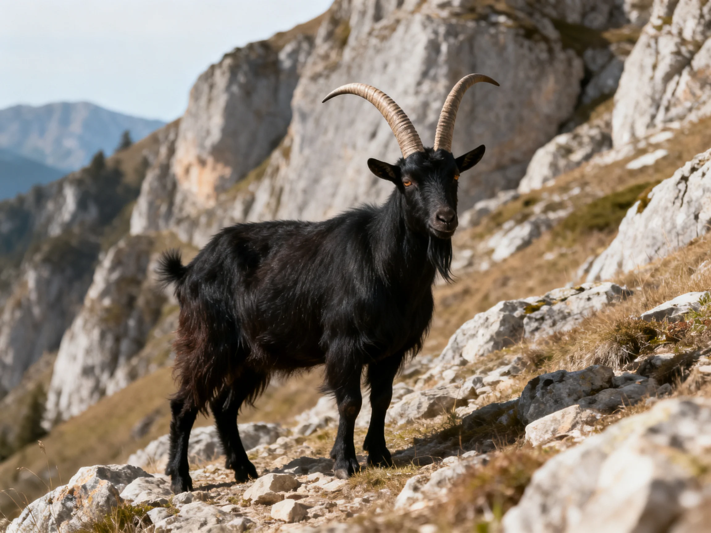 A black mountain goat stands on rocky cliffs with curved horns