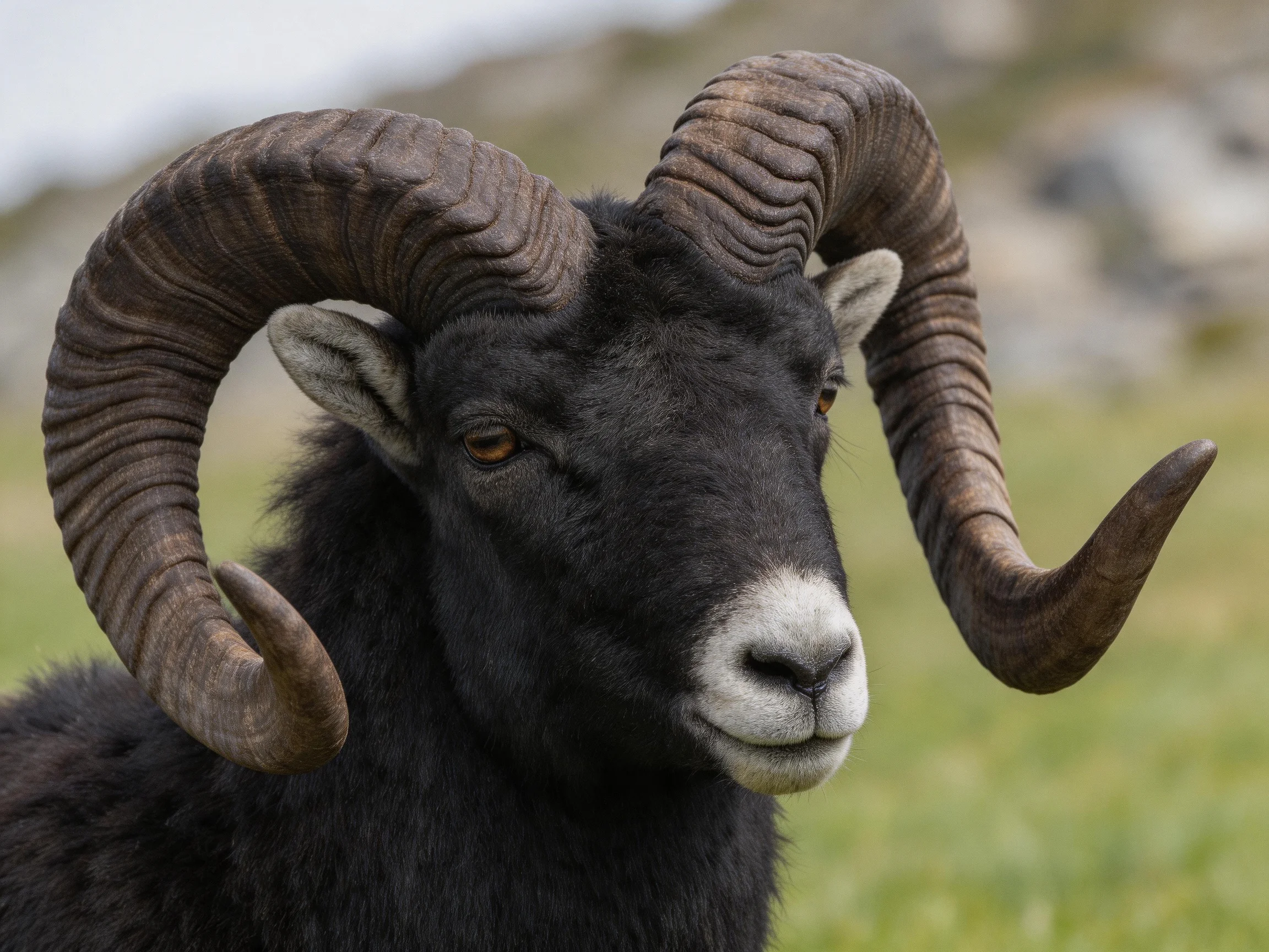 A black mountain goat with massive curved brown horns