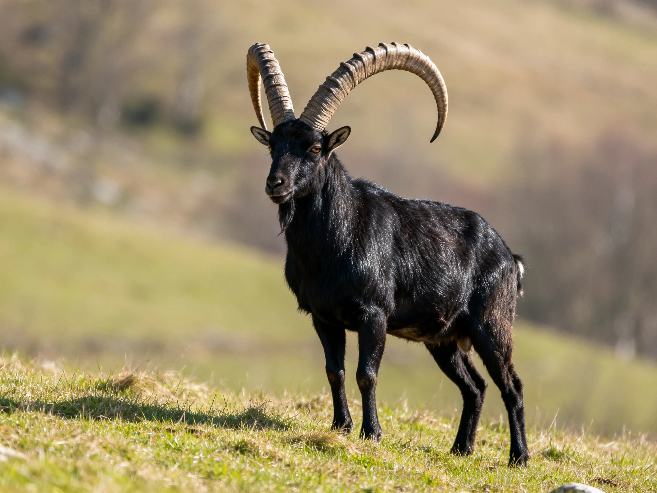 A black mountain goat with massive curved horns stands on a grassy hillside