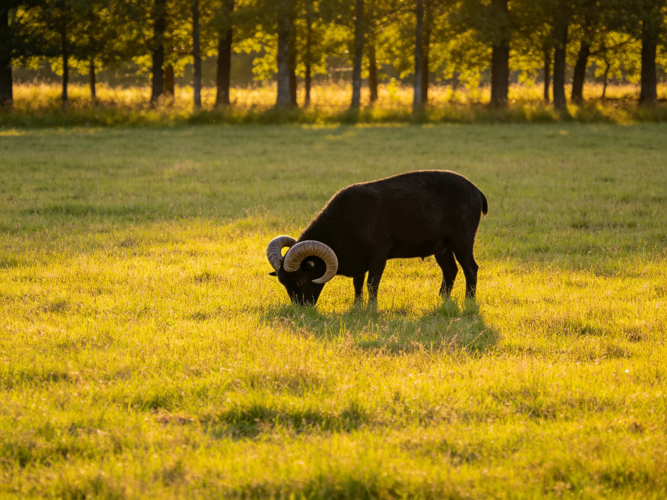 A black ram with large curved horns grazes in a golden meadow