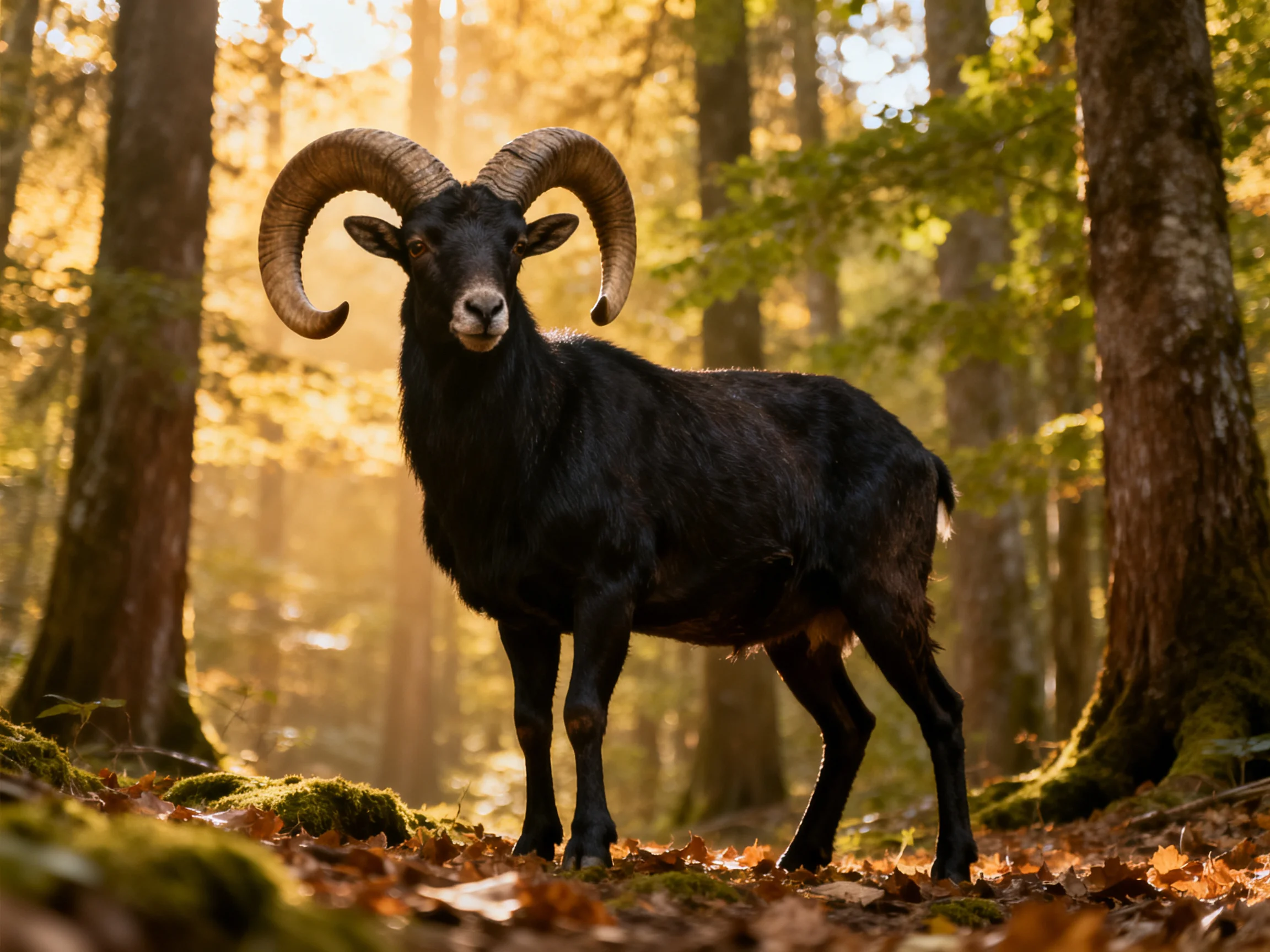 A black ram with large curved horns in a sun-dappled forest
