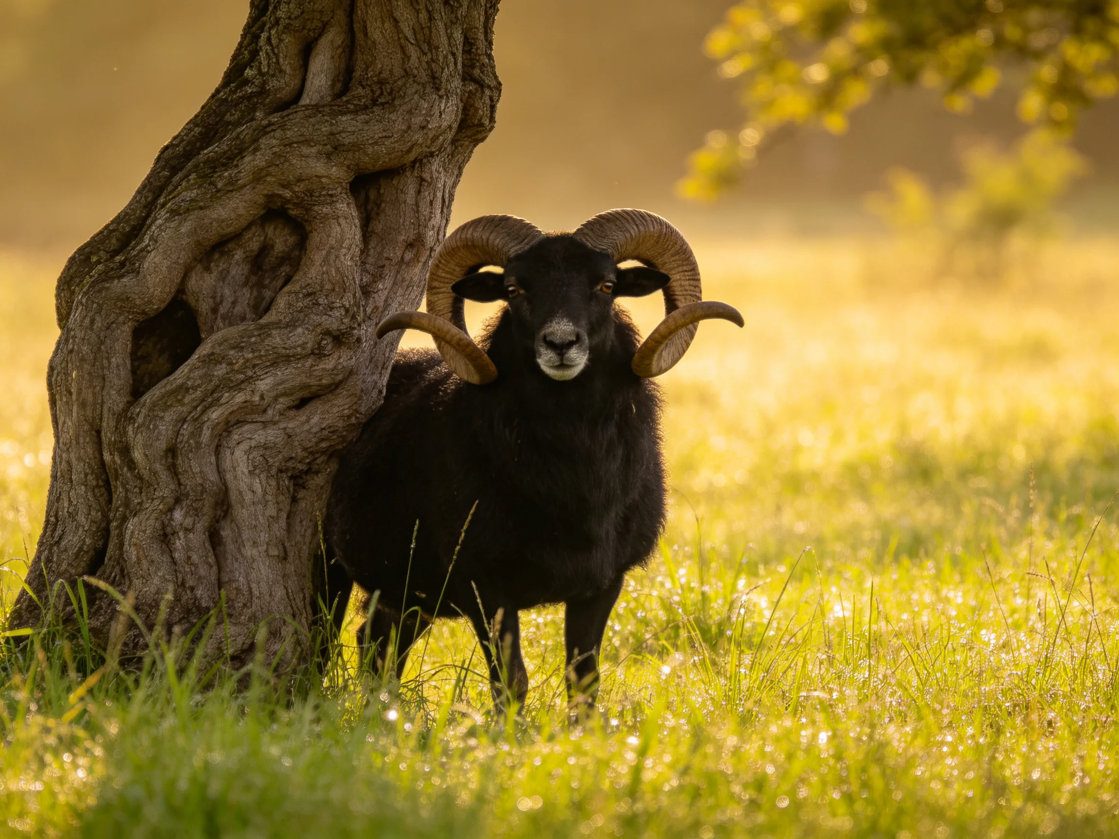 A black ram with large curved horns near a gnarled tree in sunlit meadow