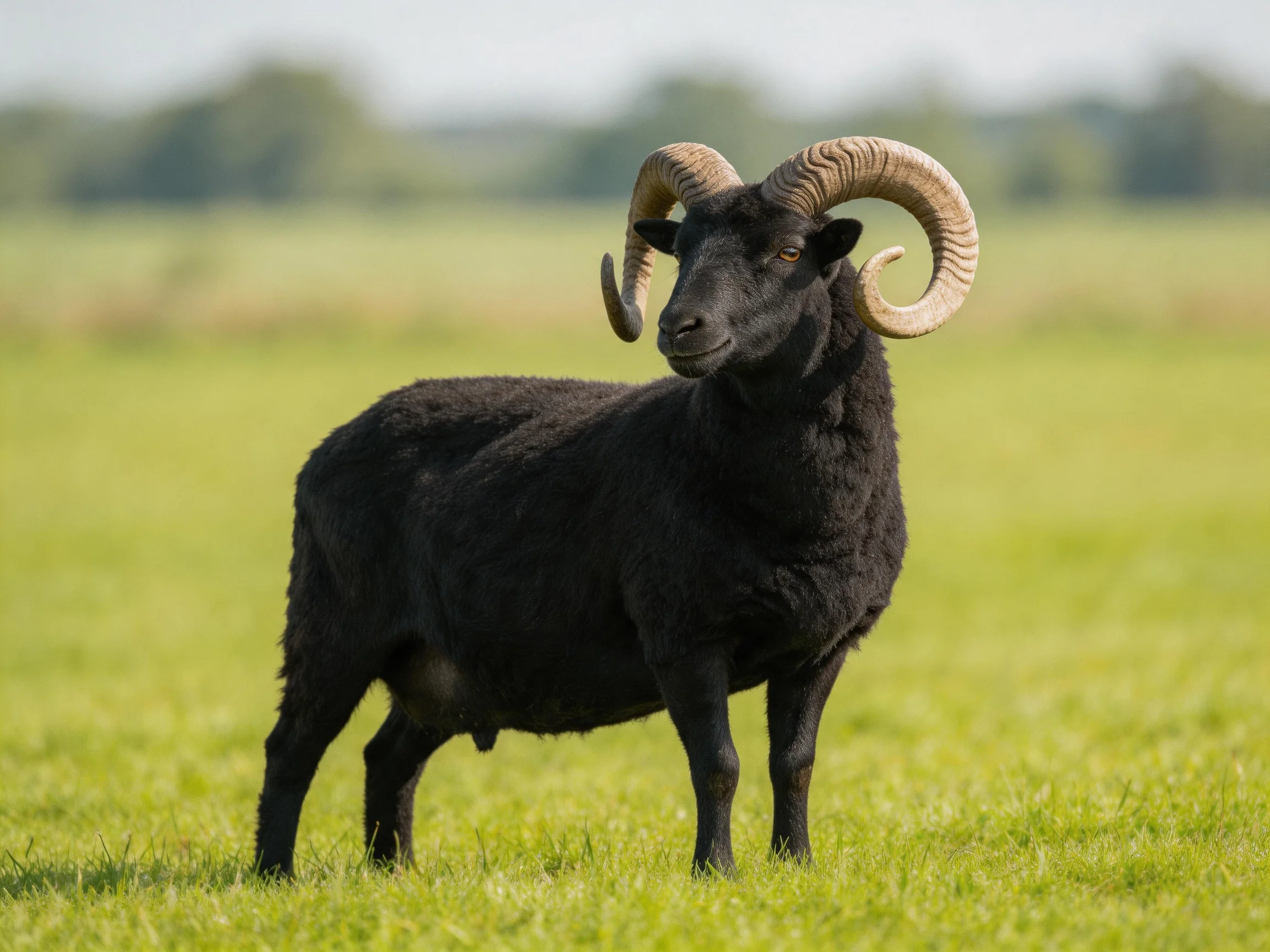 A black ram with large curved horns stands in a green meadow