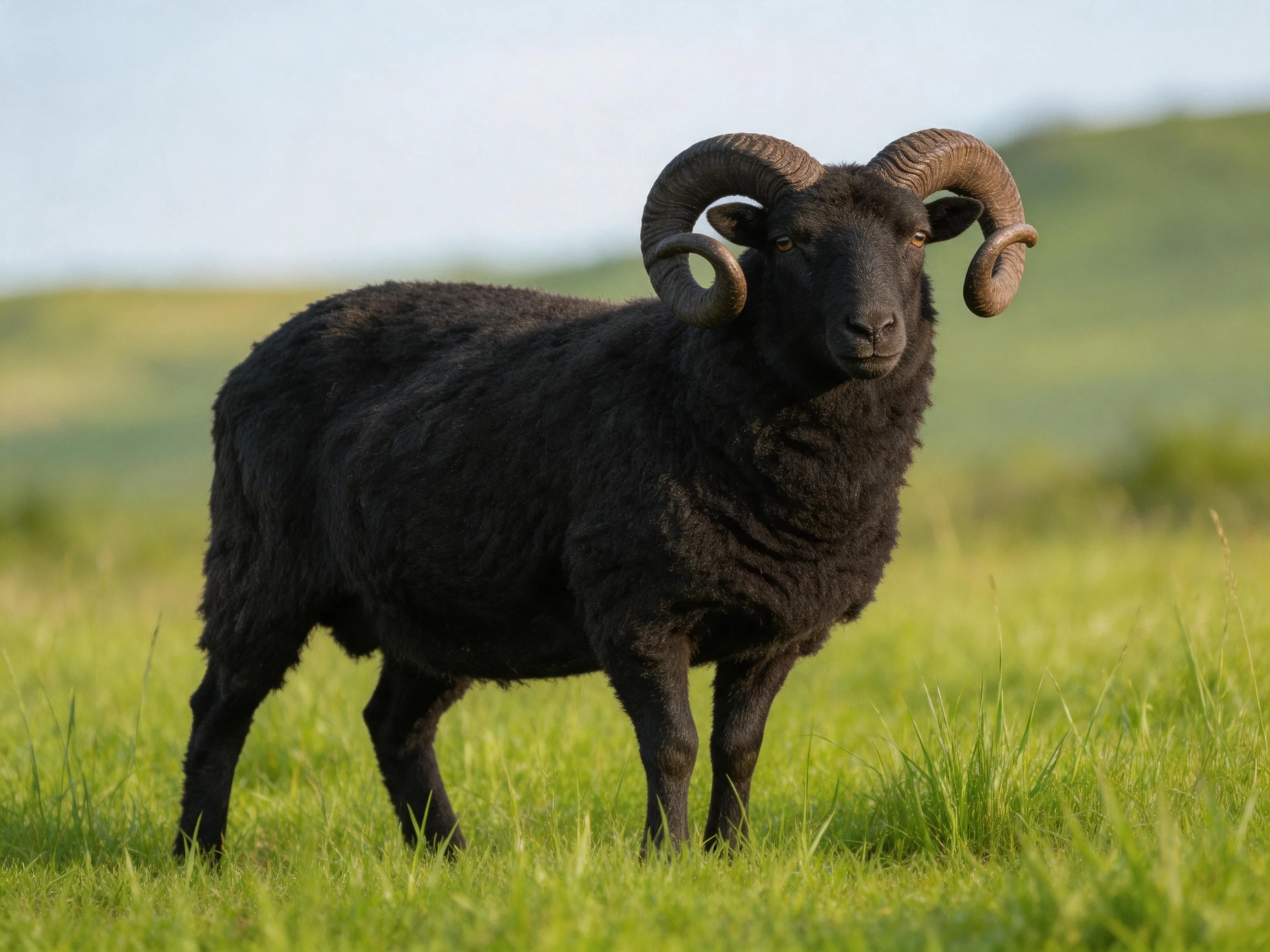 A black ram with large curved horns stands in a lush green meadow