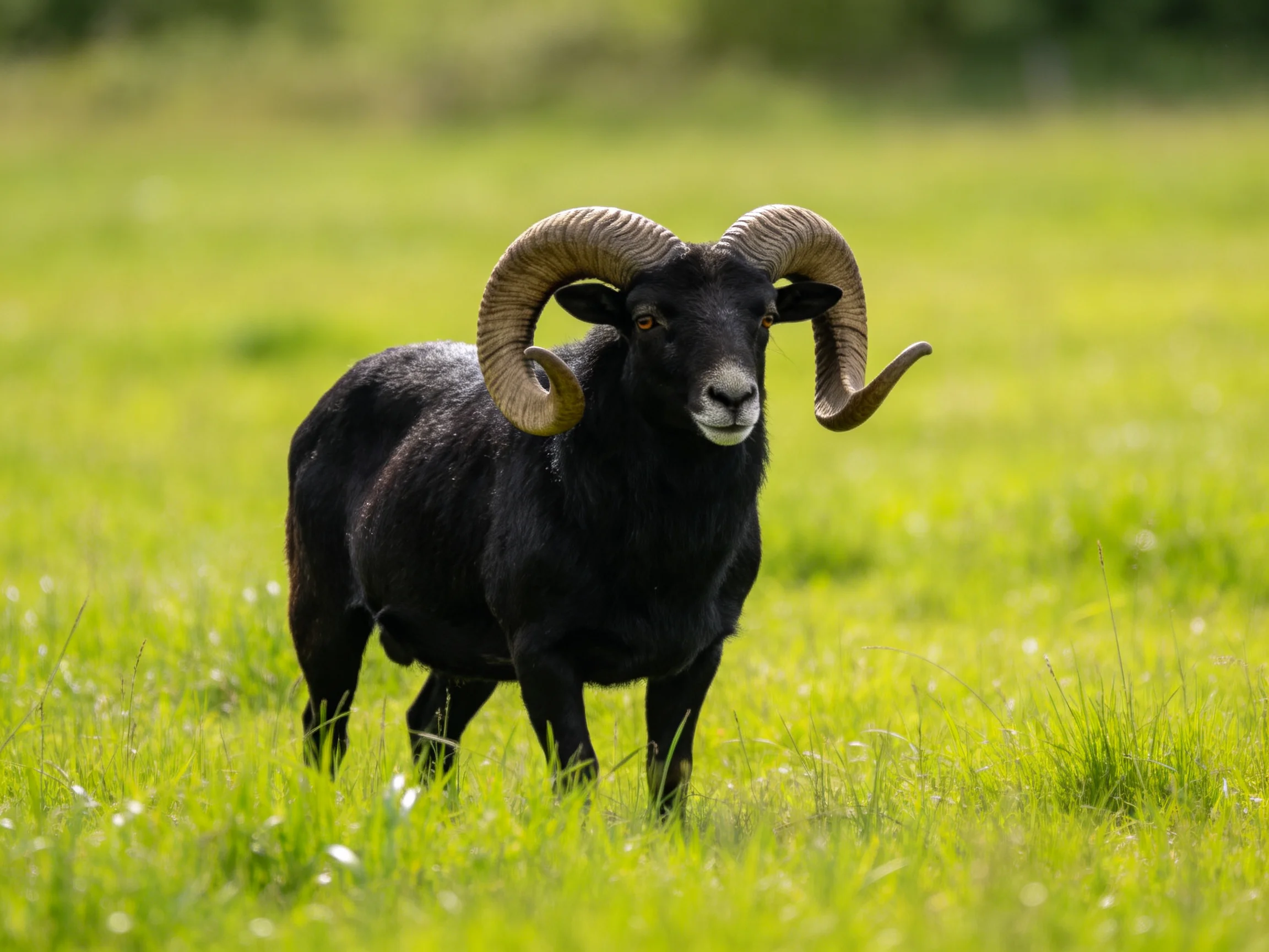 A black ram with massive curved horns in a lush green meadow