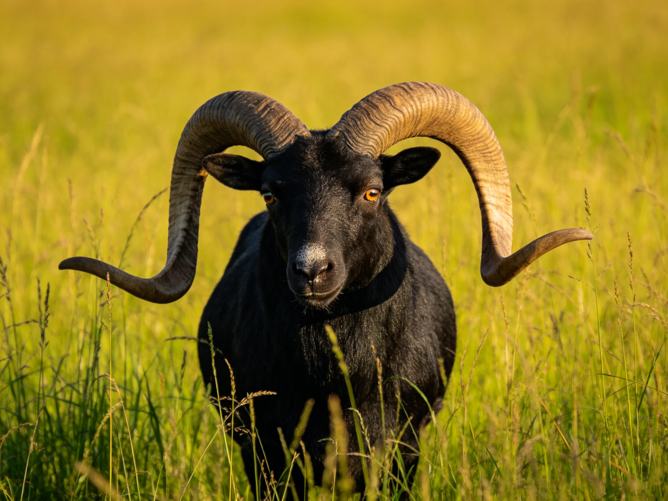 A black ram with massive curved horns in golden grass