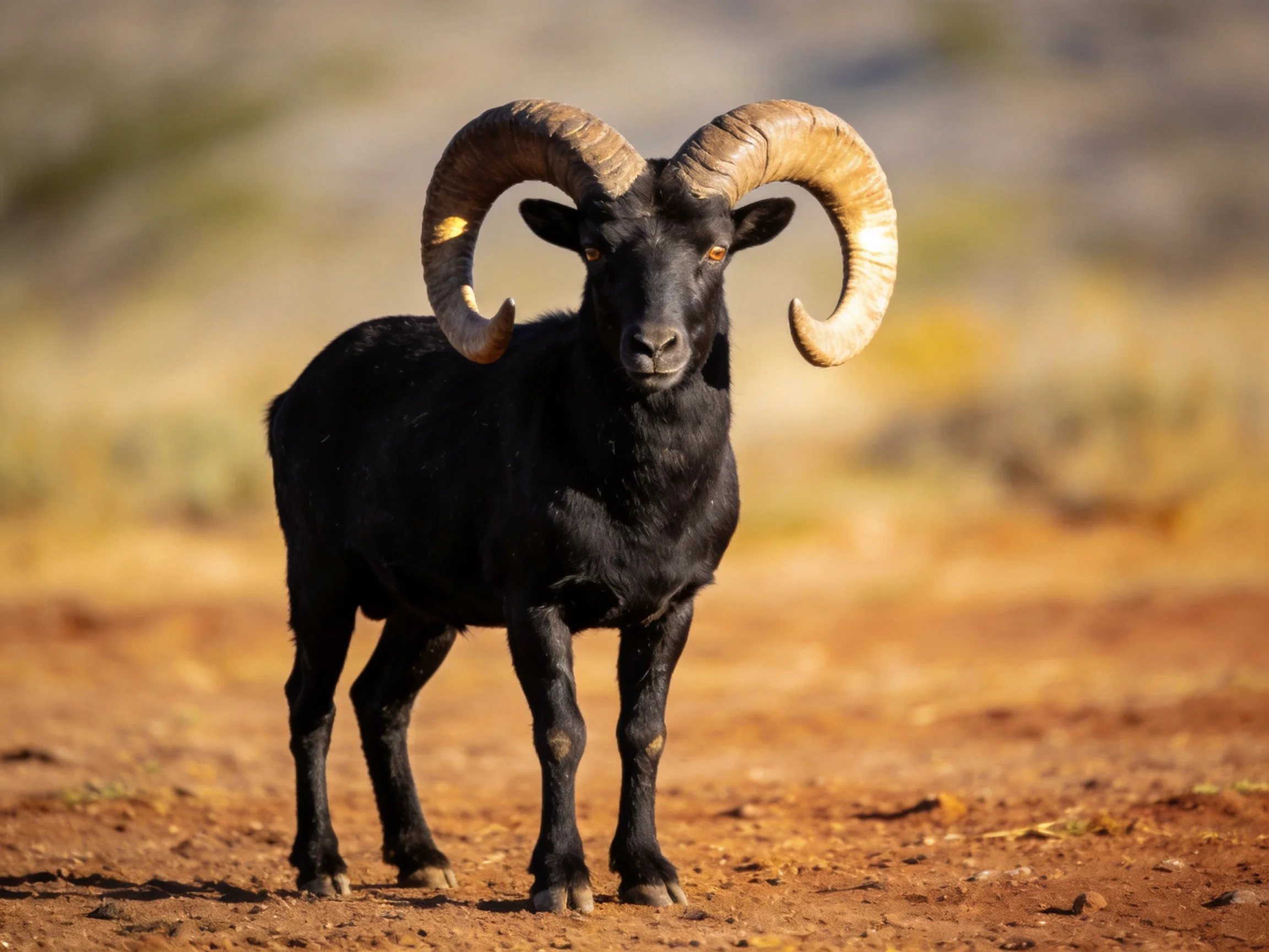 A black ram with massive curved horns on reddish dirt terrain