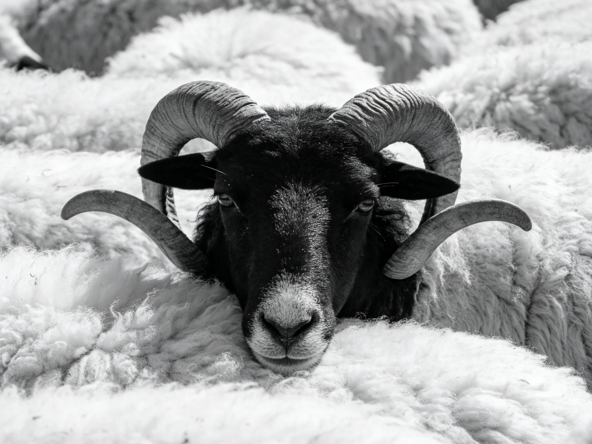 A black ram with massive curved horns rests amid fluffy white sheep