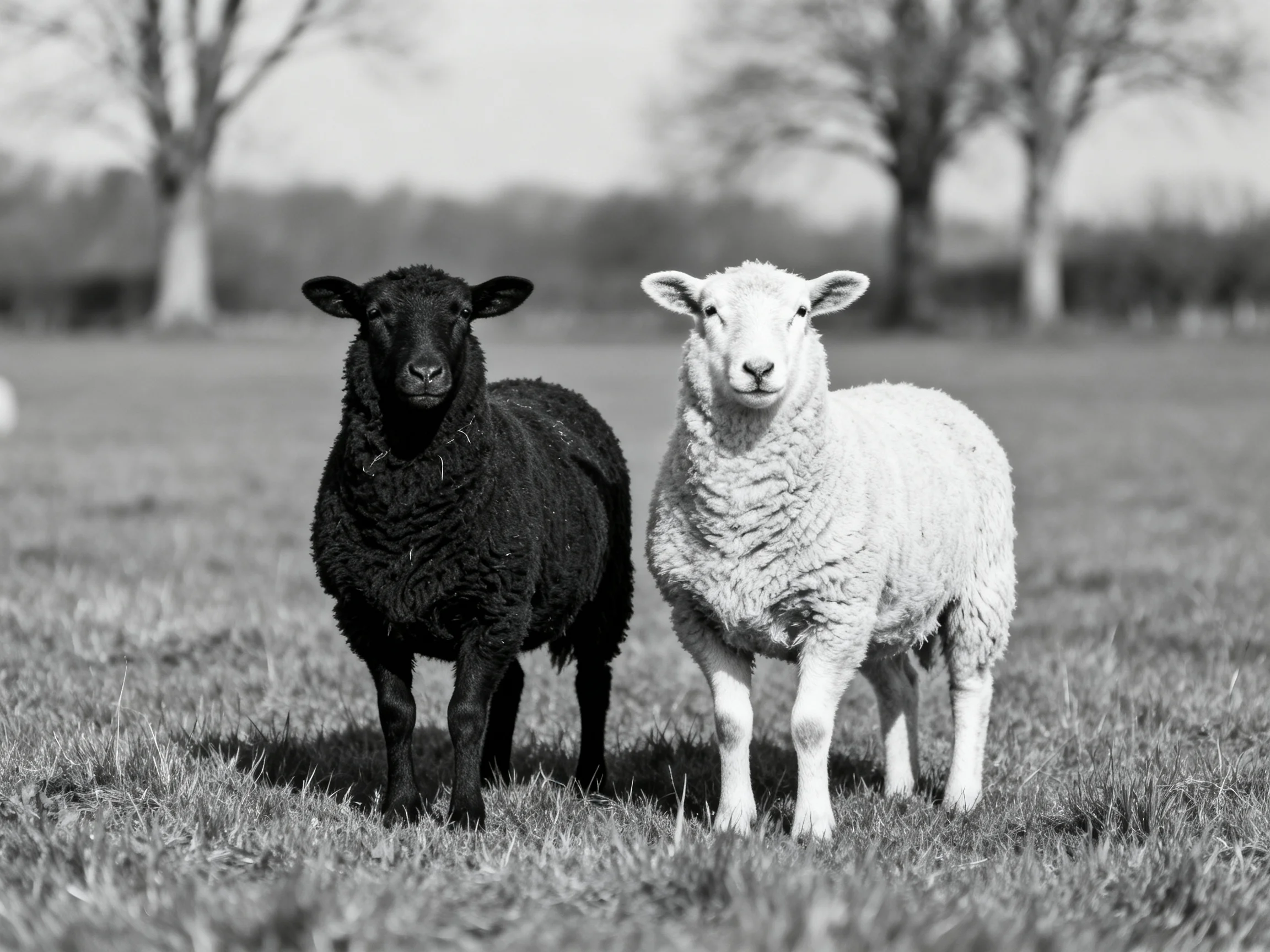 Two sheep, one black and one white, stand side by side in a grassy field.