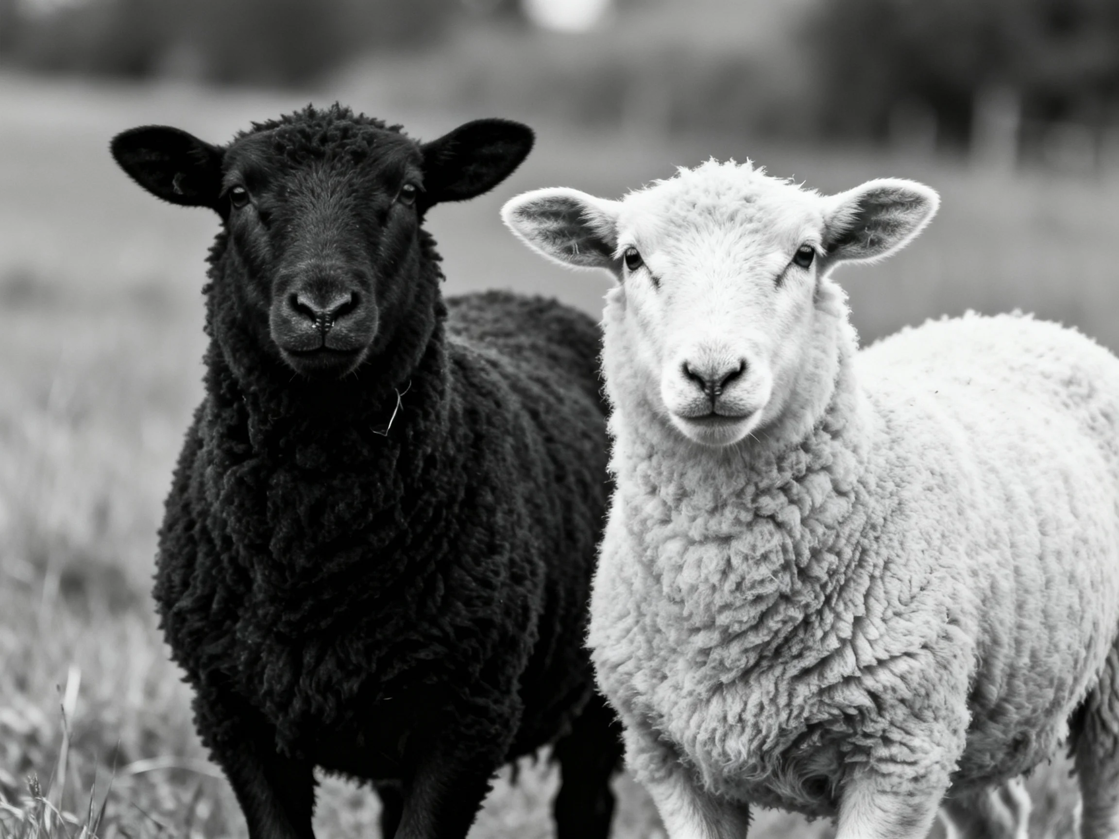 Two sheep, one black and one white, stand together in a field.