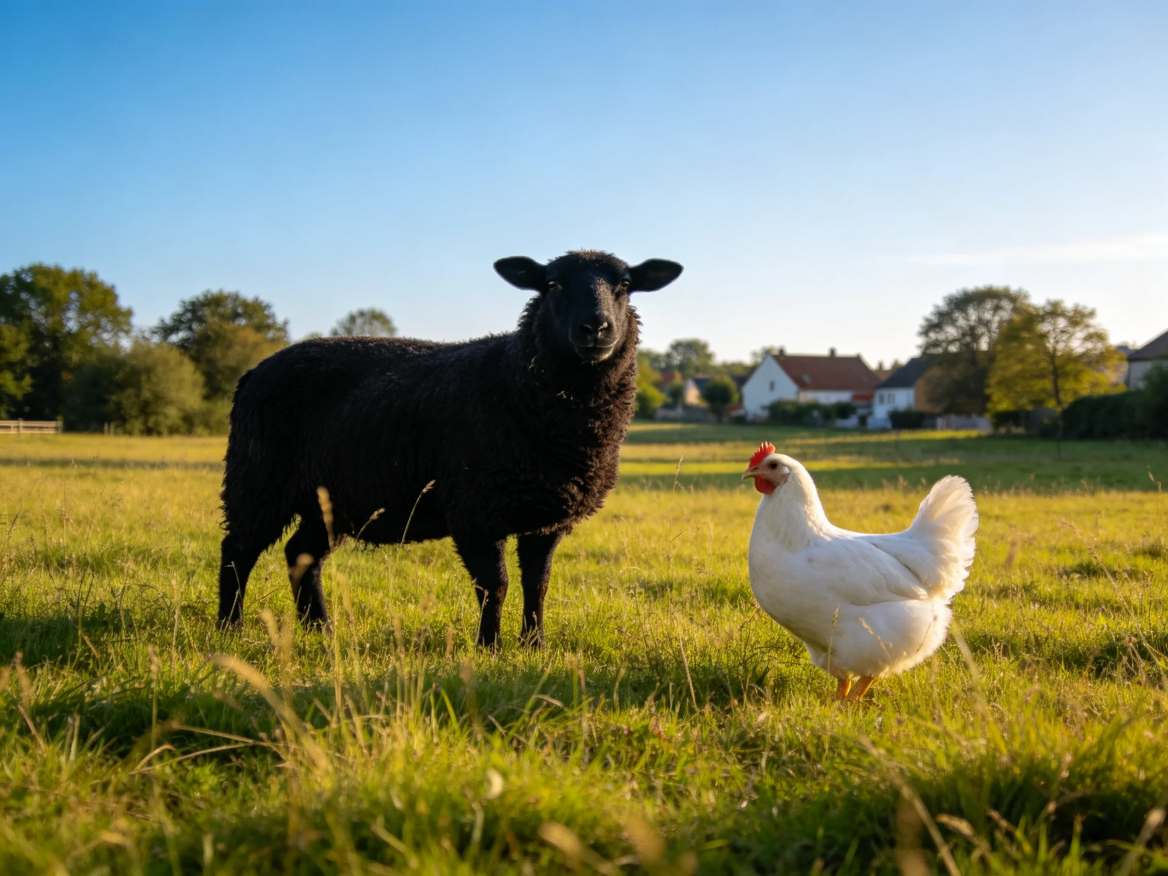 A black sheep and white chicken coexist in a sunlit field.