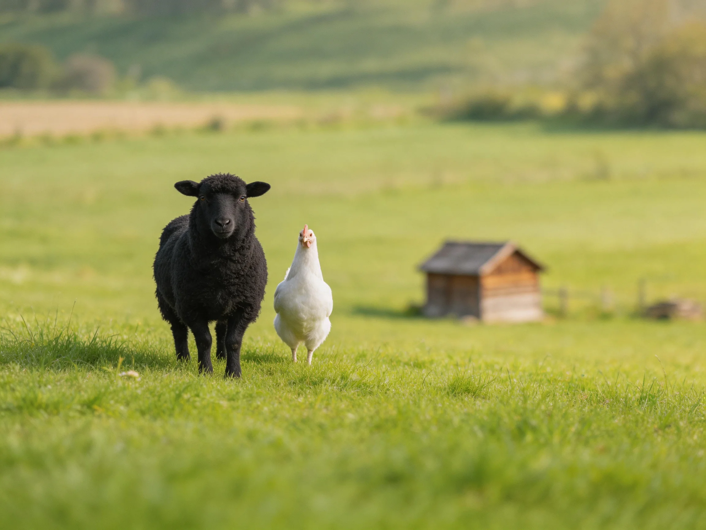 A black sheep and white chicken walk in a lush green pasture