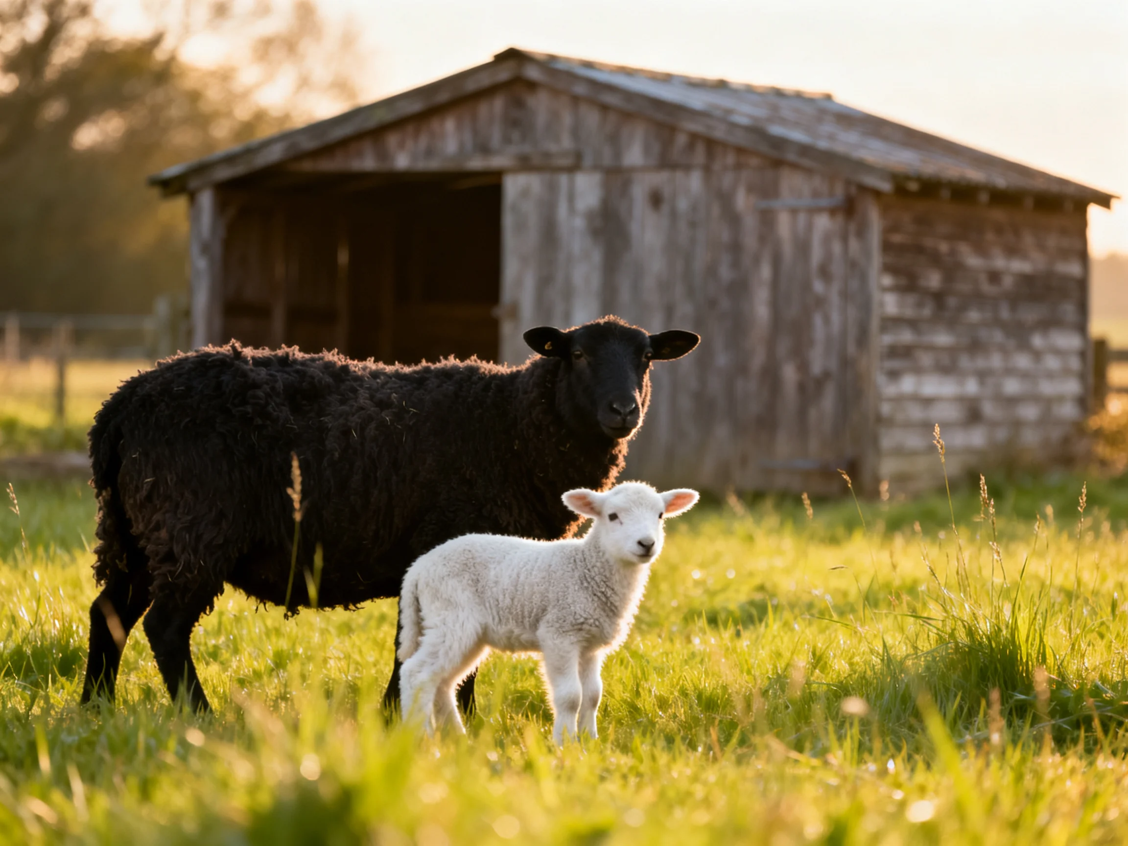A black sheep and white lamb near an aged wooden shed
