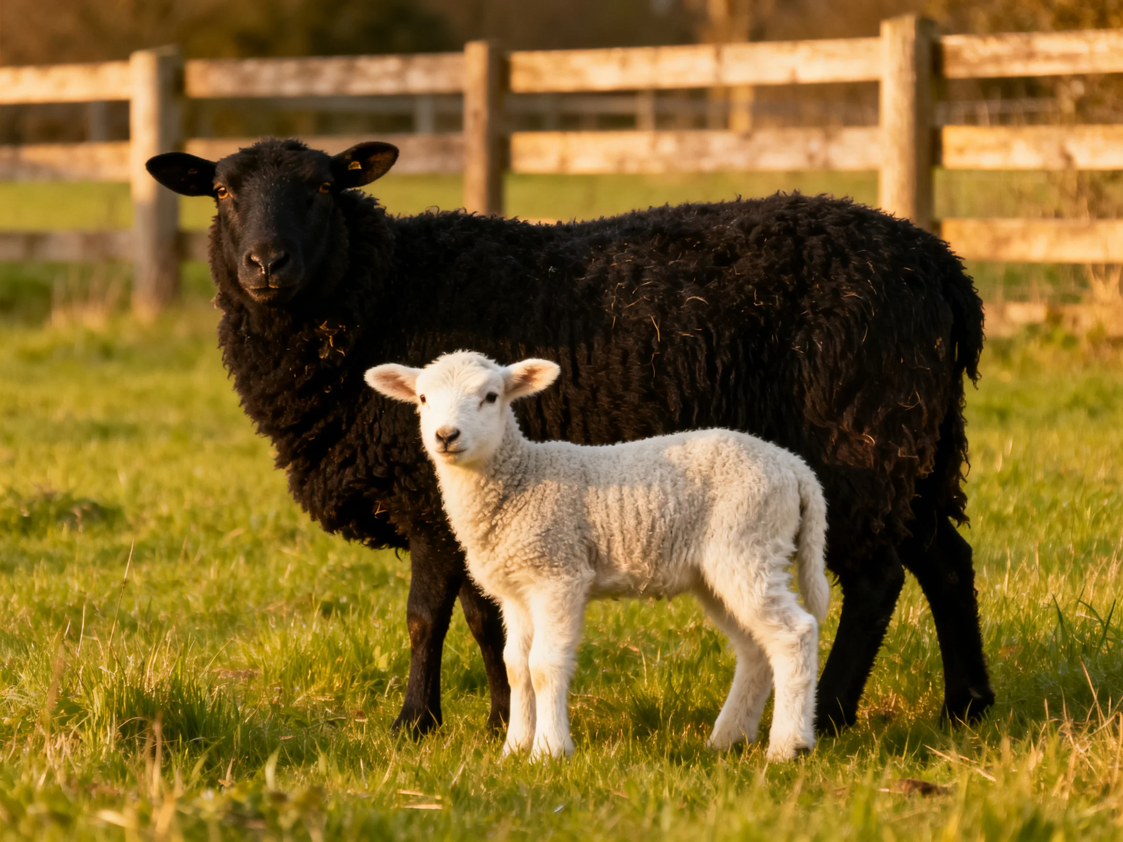 A black sheep and white lamb stand in a sunlit green pasture