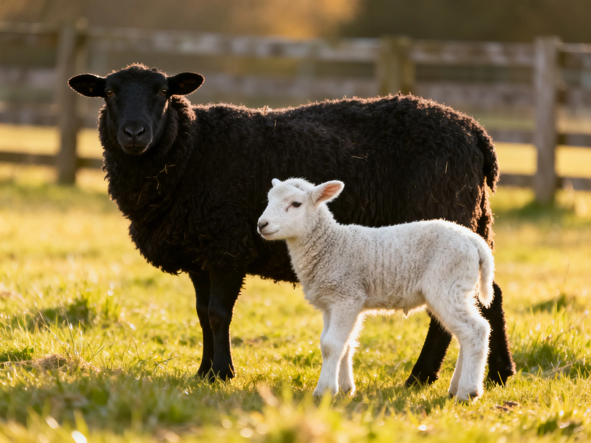 A black sheep and white lamb stand in a sunlit pasture