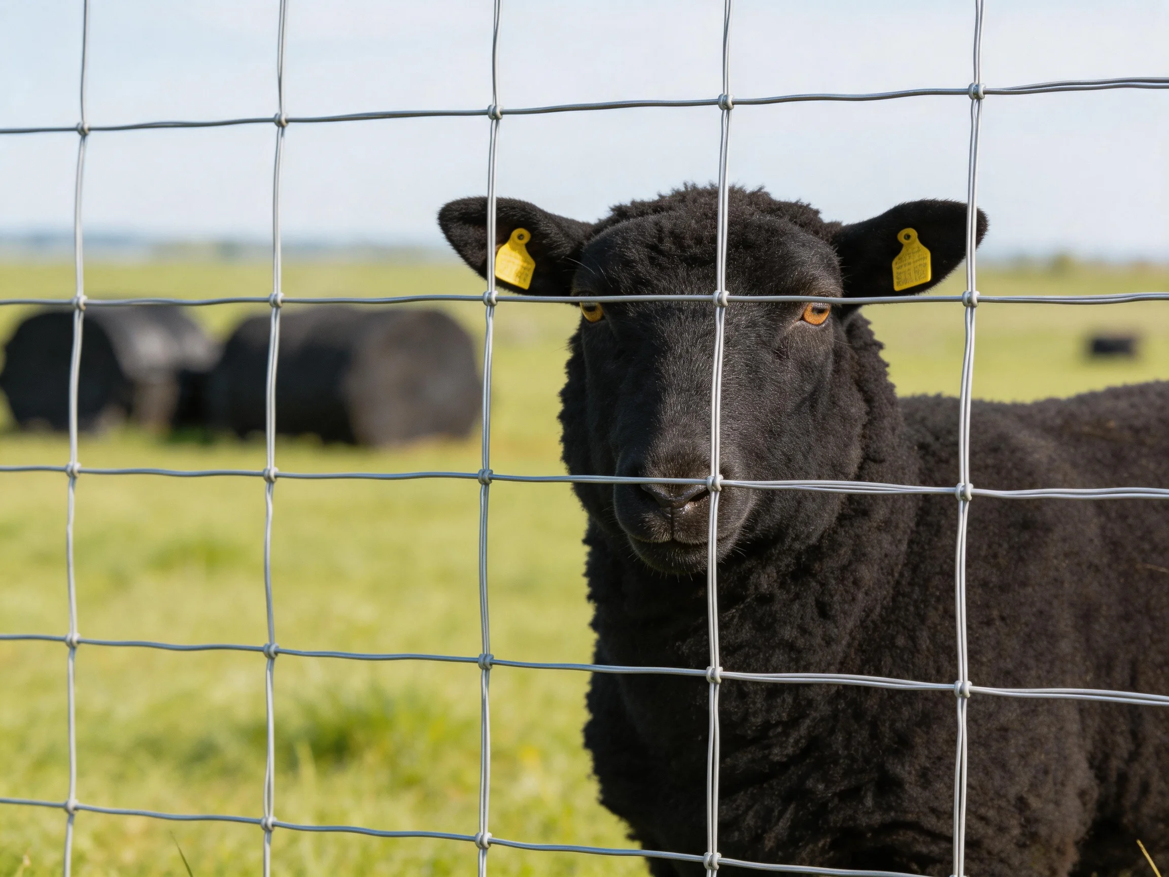 A black sheep behind a metal wire fence in a green pasture