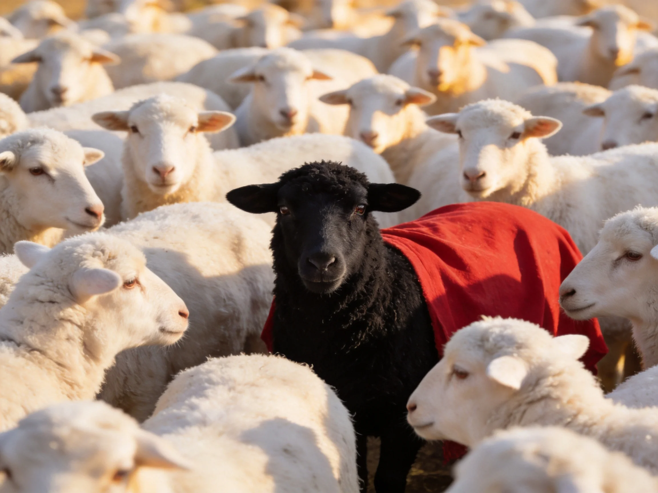 A black sheep draped in red amid numerous white sheep