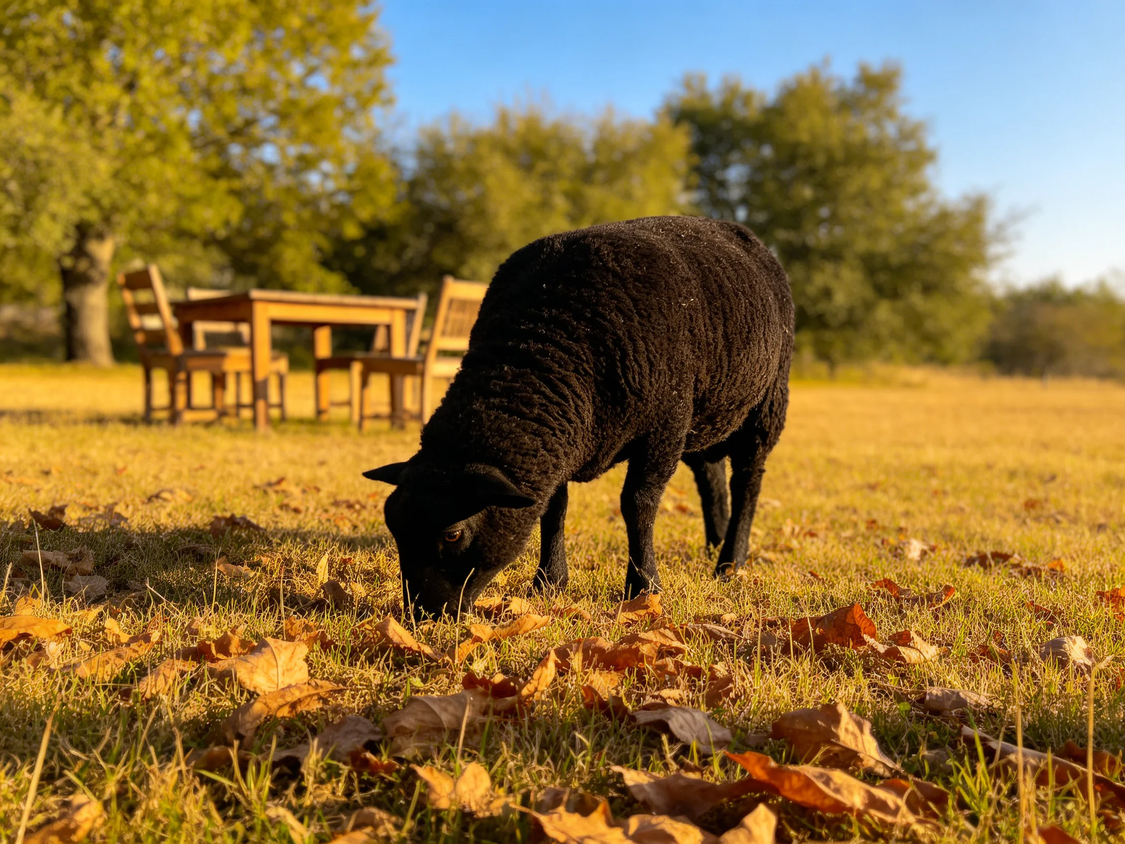 A black sheep grazes among golden leaves near wooden patio furniture