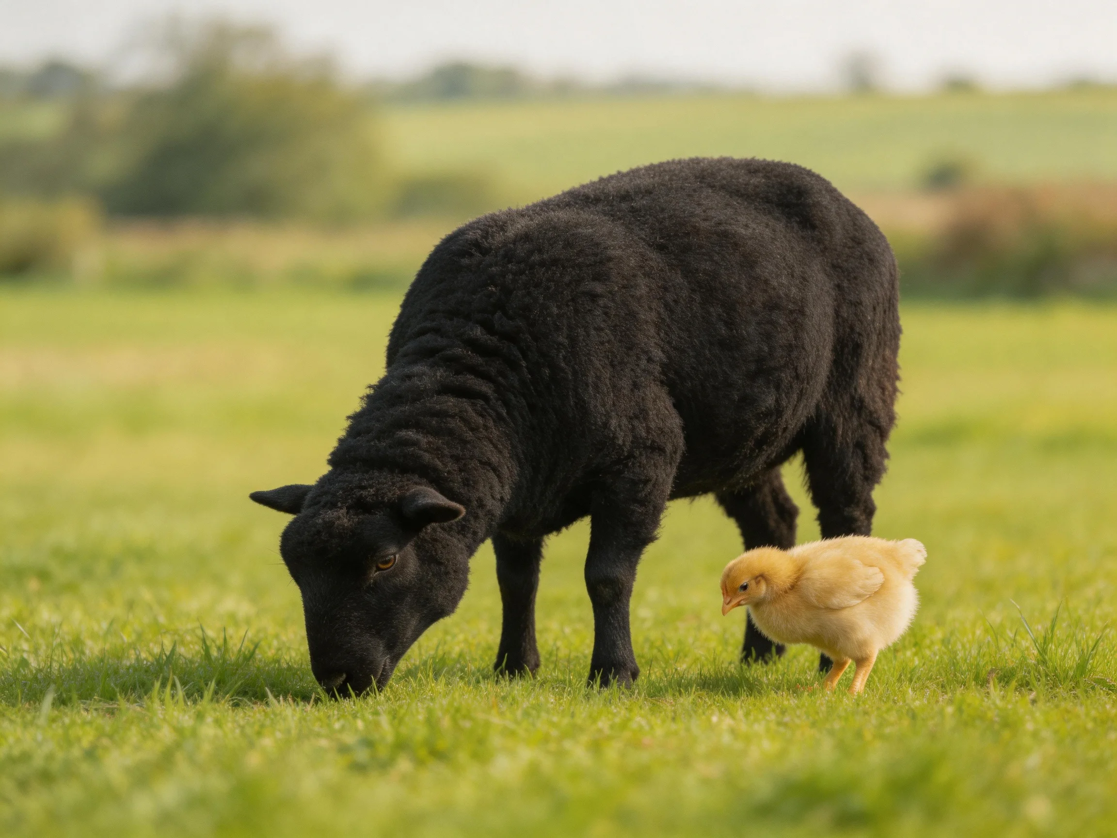 A black sheep grazes beside a yellow chick in a green pasture