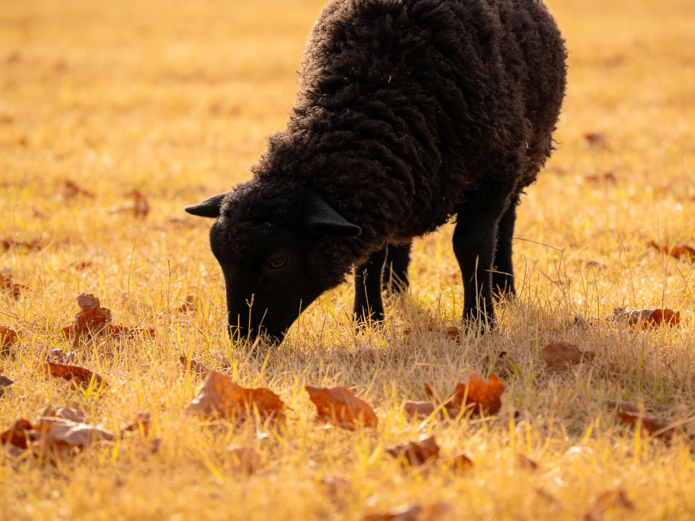 A black sheep grazes in a golden field with scattered autumn leaves